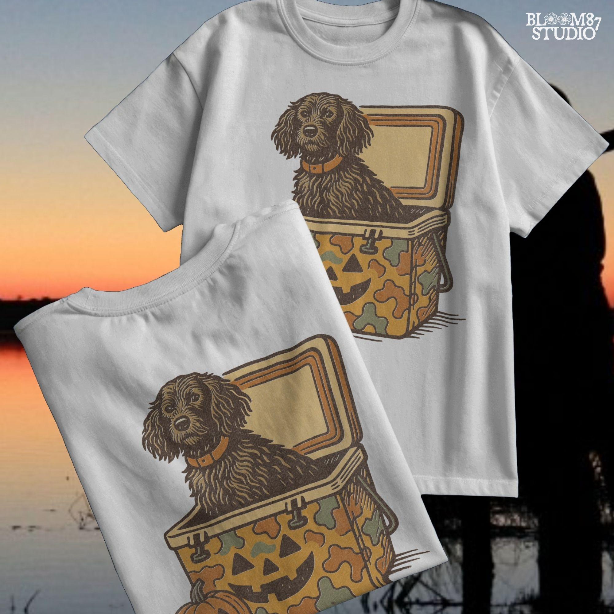 Halloween-themed PNG of a fluffy dog sitting inside a pumpkin-faced camouflage cooler, with jack-o’-lantern pumpkins next to it.