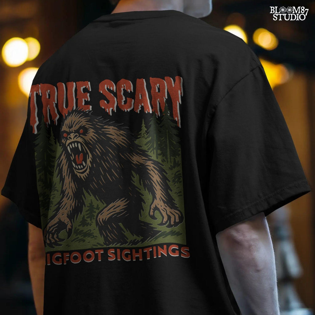 Angry Bigfoot cryptid illustration in a forest with red glowing eyes, used for Halloween sublimation or horror-themed crafts.