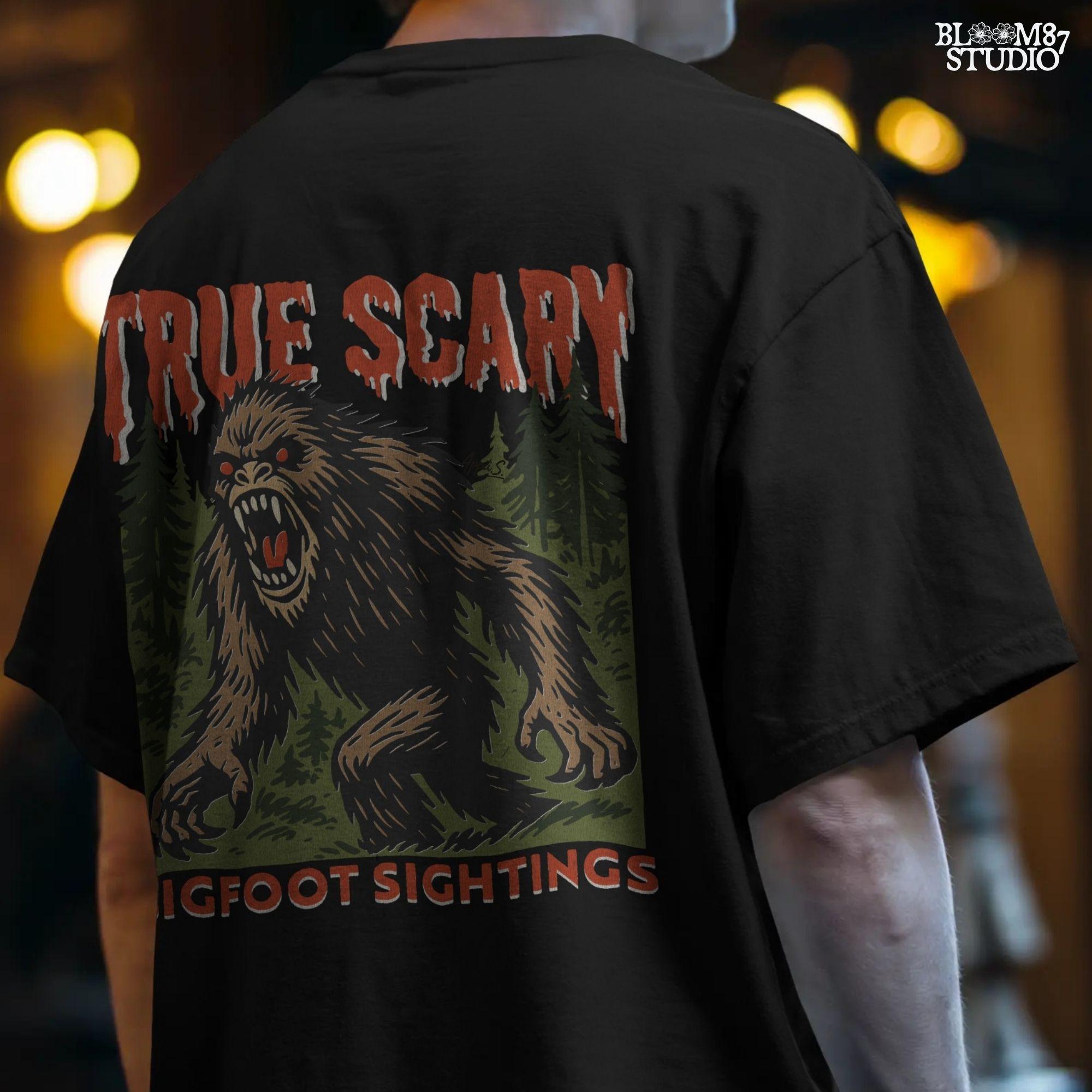 Angry Bigfoot cryptid illustration in a forest with red glowing eyes, used for Halloween sublimation or horror-themed crafts.