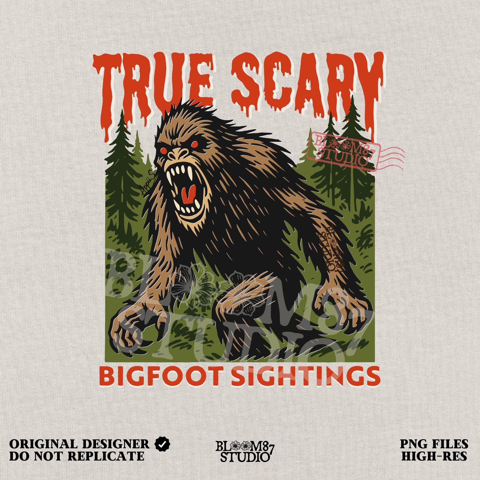 Angry Bigfoot cryptid illustration in a forest with red glowing eyes, used for Halloween sublimation or horror-themed crafts.