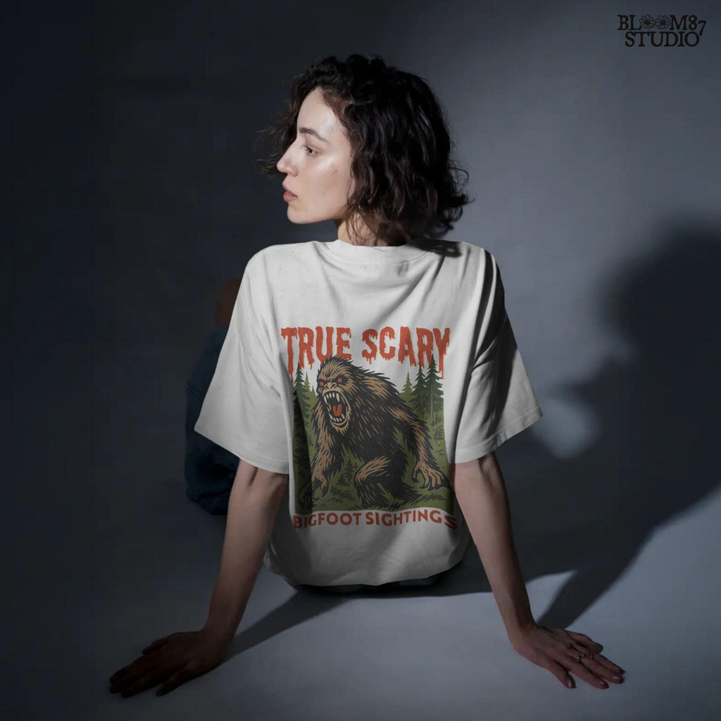 Angry Bigfoot cryptid illustration in a forest with red glowing eyes, used for Halloween sublimation or horror-themed crafts.