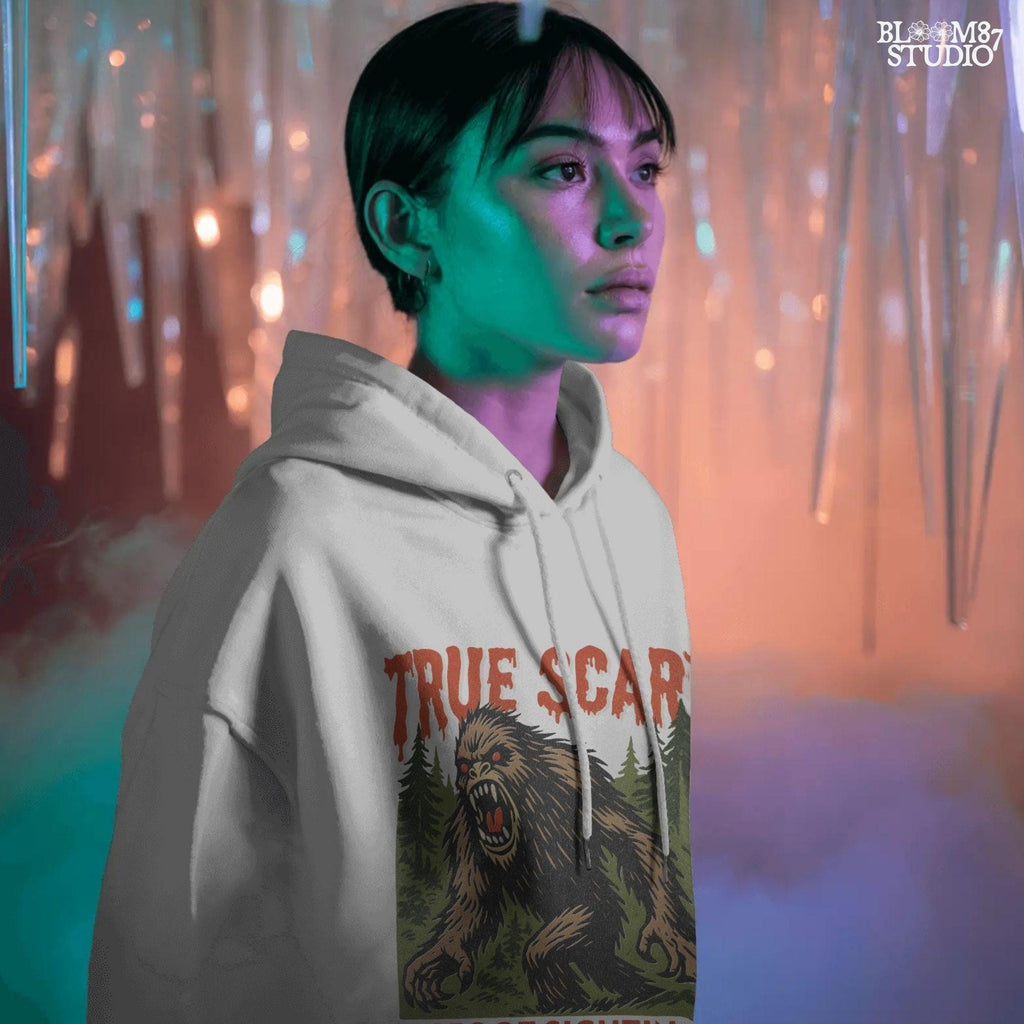 Angry Bigfoot cryptid illustration in a forest with red glowing eyes, used for Halloween sublimation or horror-themed crafts.