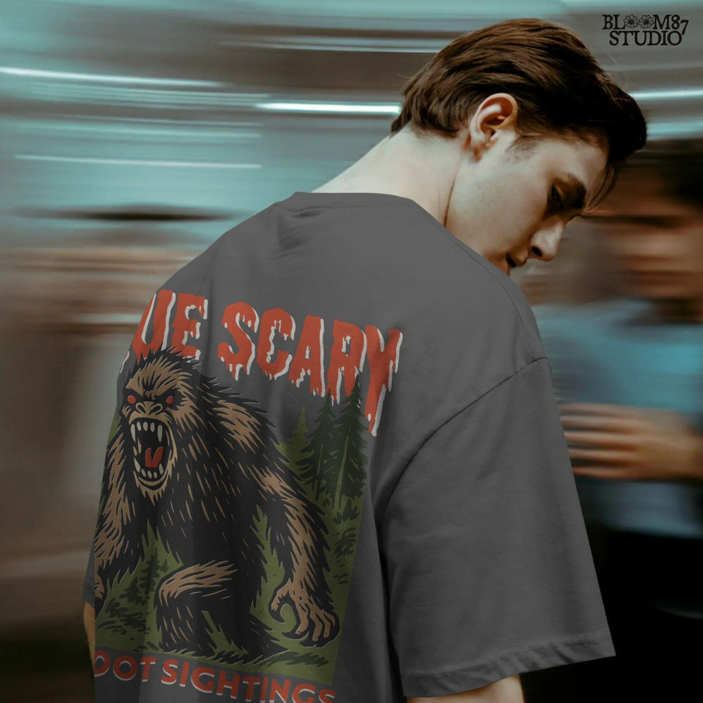 Angry Bigfoot cryptid illustration in a forest with red glowing eyes, used for Halloween sublimation or horror-themed crafts.