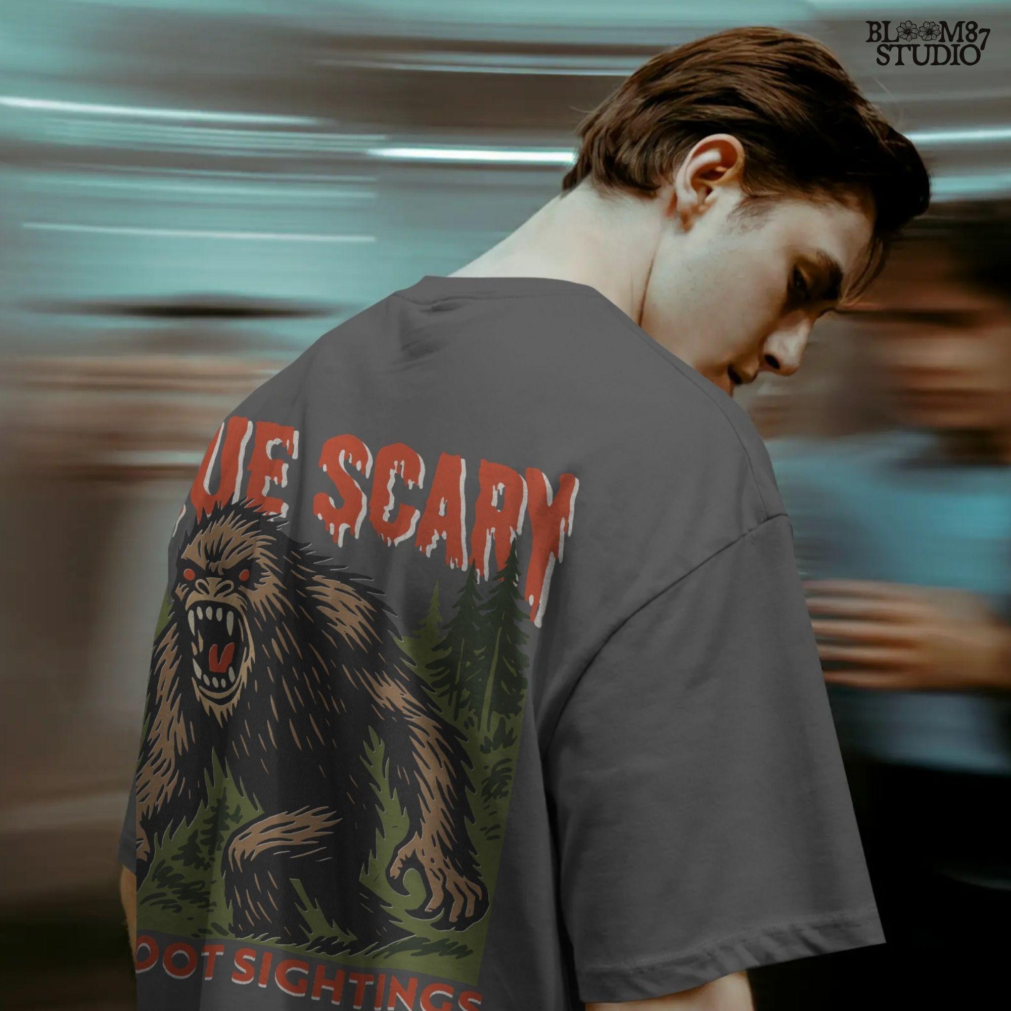 Angry Bigfoot cryptid illustration in a forest with red glowing eyes, used for Halloween sublimation or horror-themed crafts.