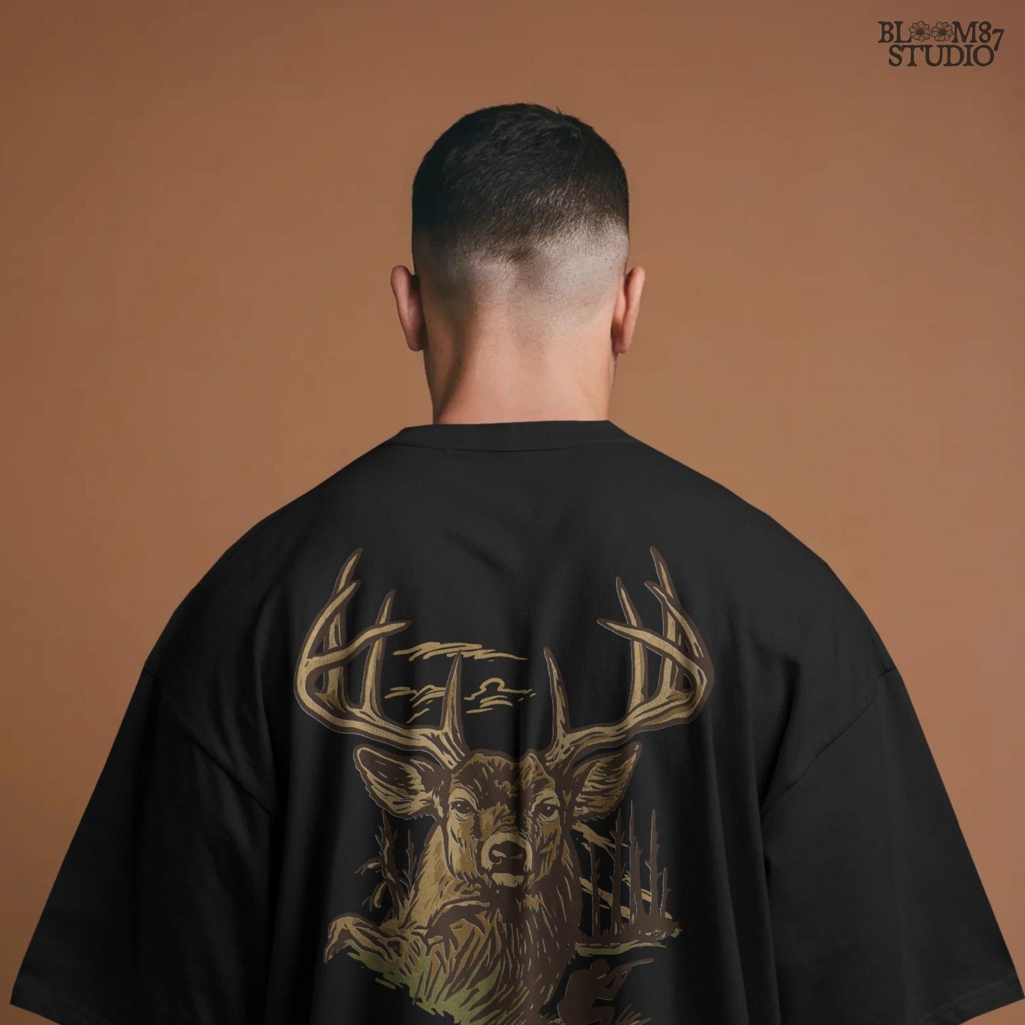 Large whitetail buck illustration with antlers and hunter silhouette in background, designed for sublimation crafts and hunting-themed apparel.