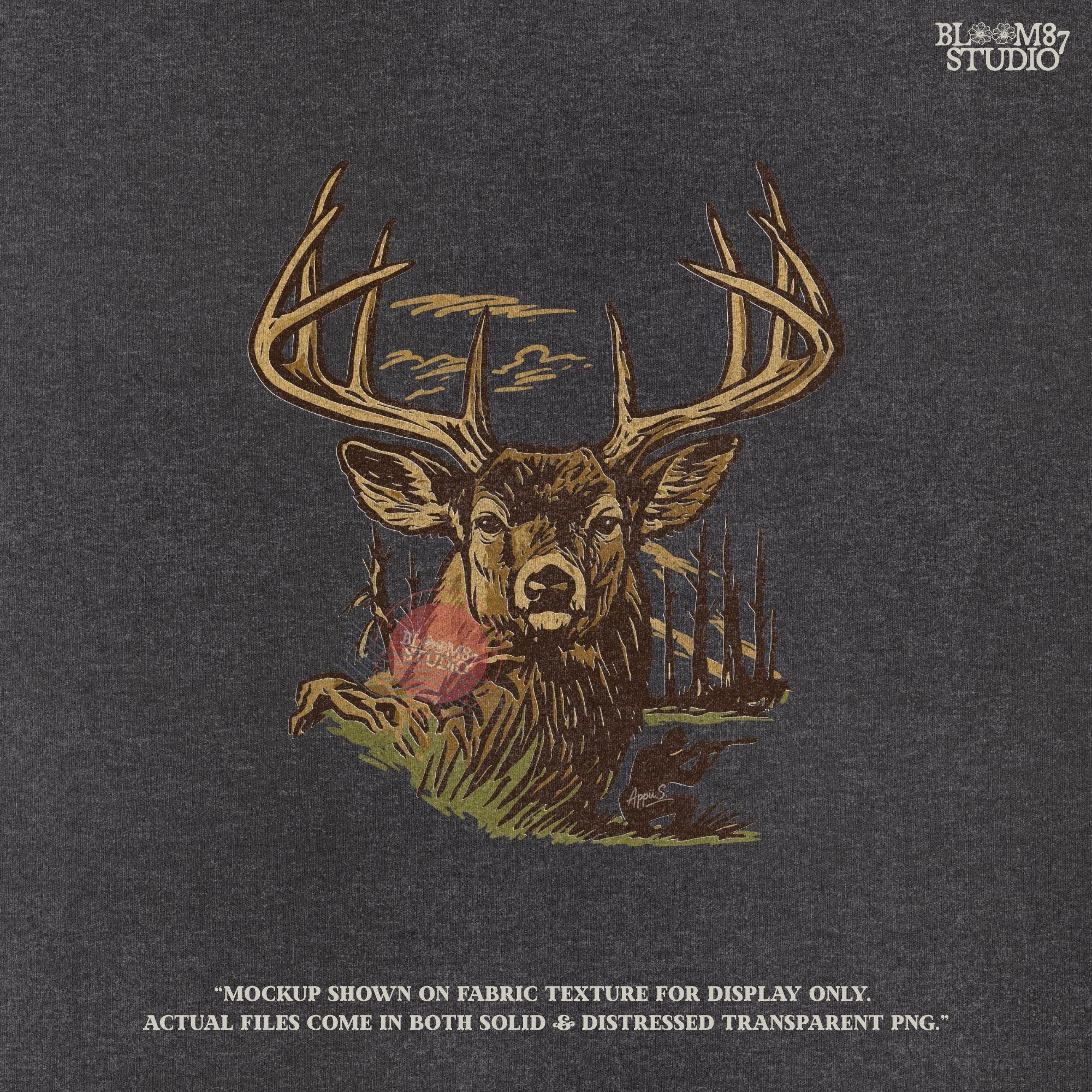 Large whitetail buck illustration with antlers and hunter silhouette in background, designed for sublimation crafts and hunting-themed apparel.