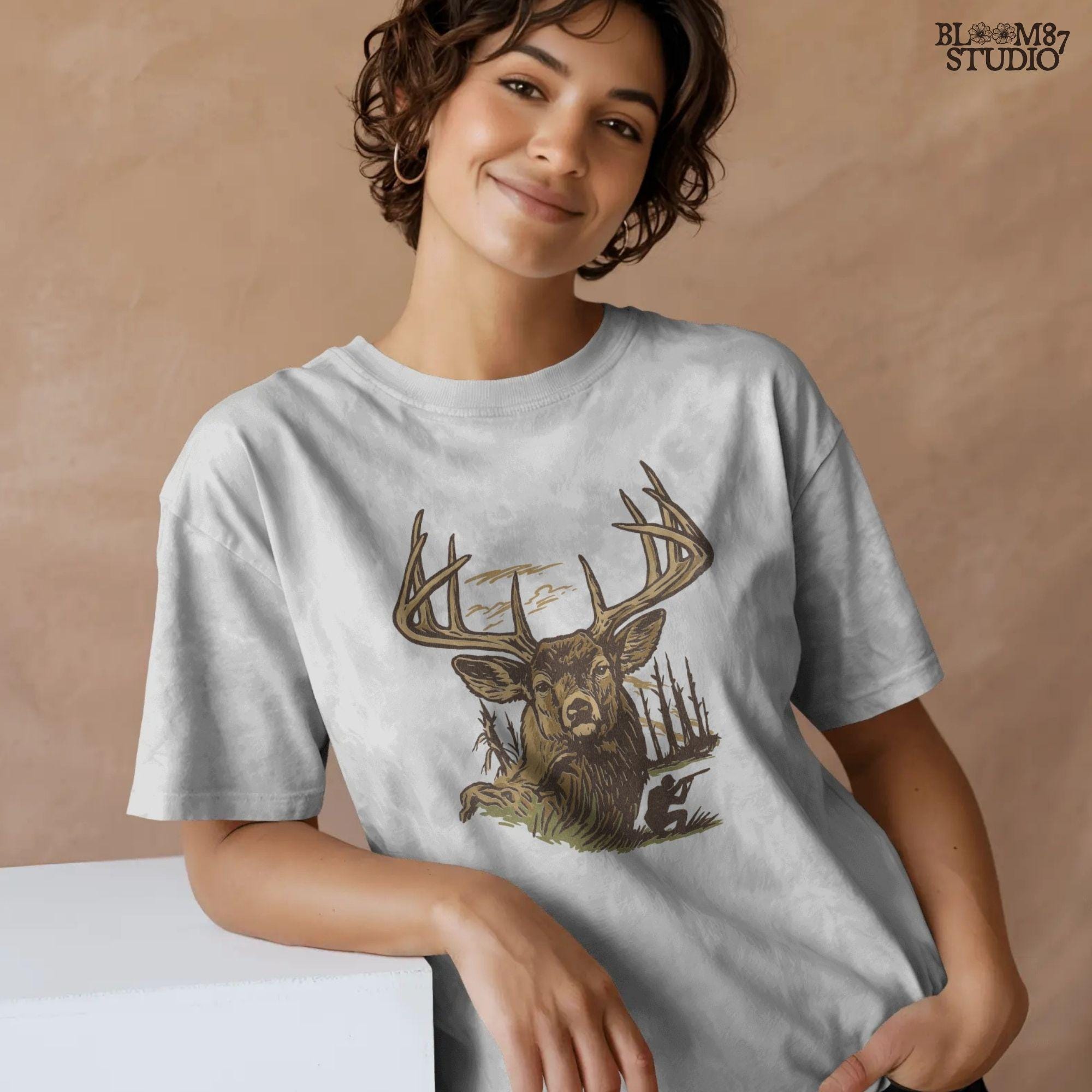 Large whitetail buck illustration with antlers and hunter silhouette in background, designed for sublimation crafts and hunting-themed apparel.