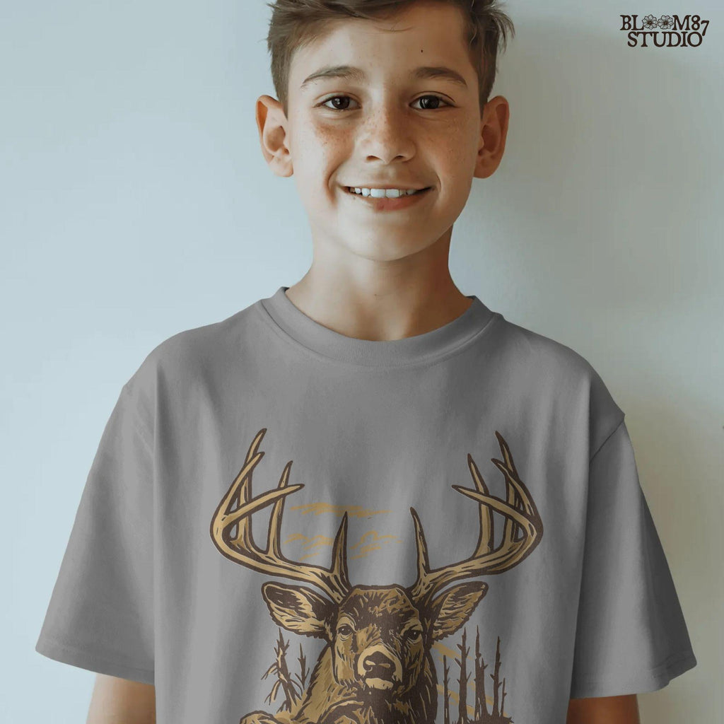 Large whitetail buck illustration with antlers and hunter silhouette in background, designed for sublimation crafts and hunting-themed apparel.