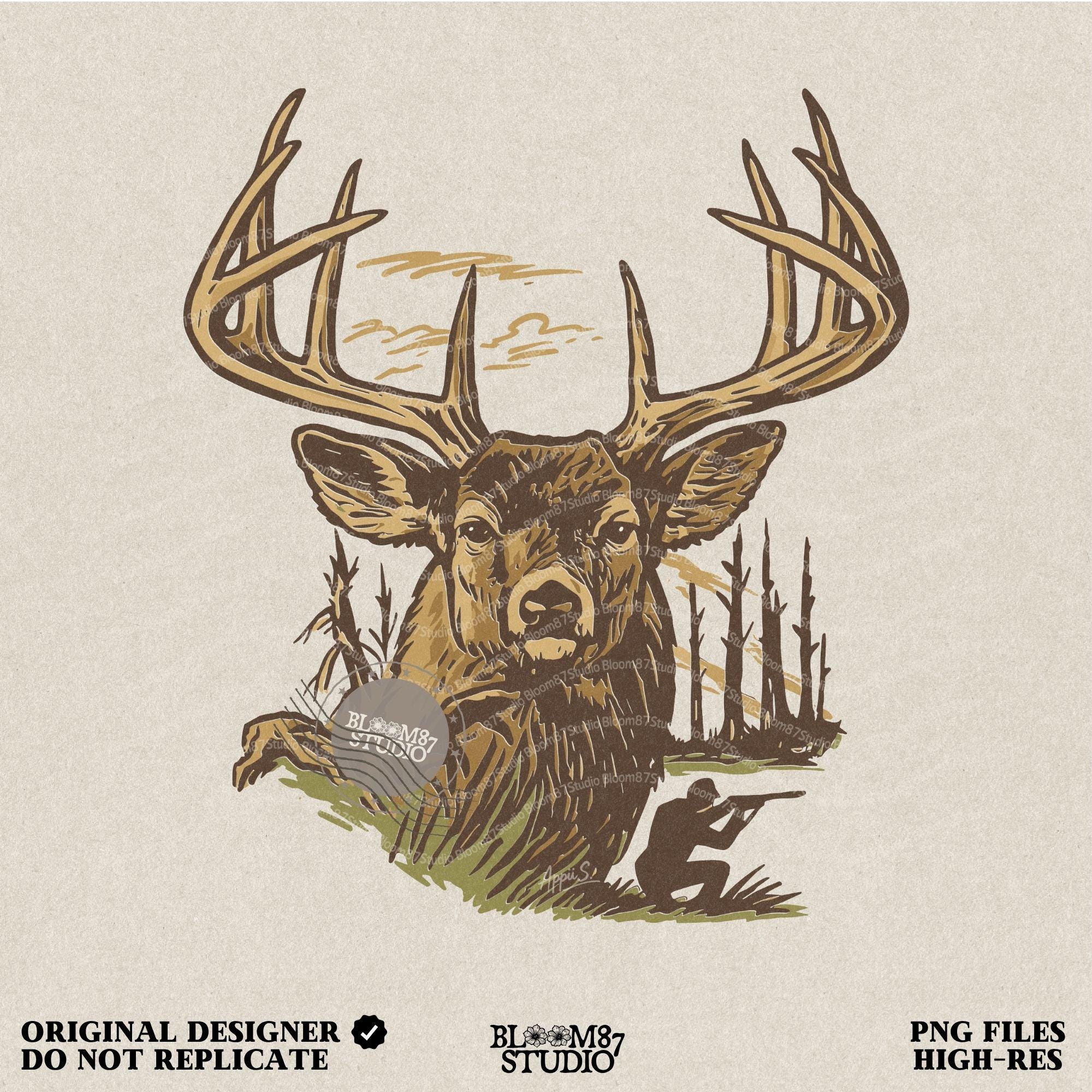 Large whitetail buck illustration with antlers and hunter silhouette in background, designed for sublimation crafts and hunting-themed apparel.