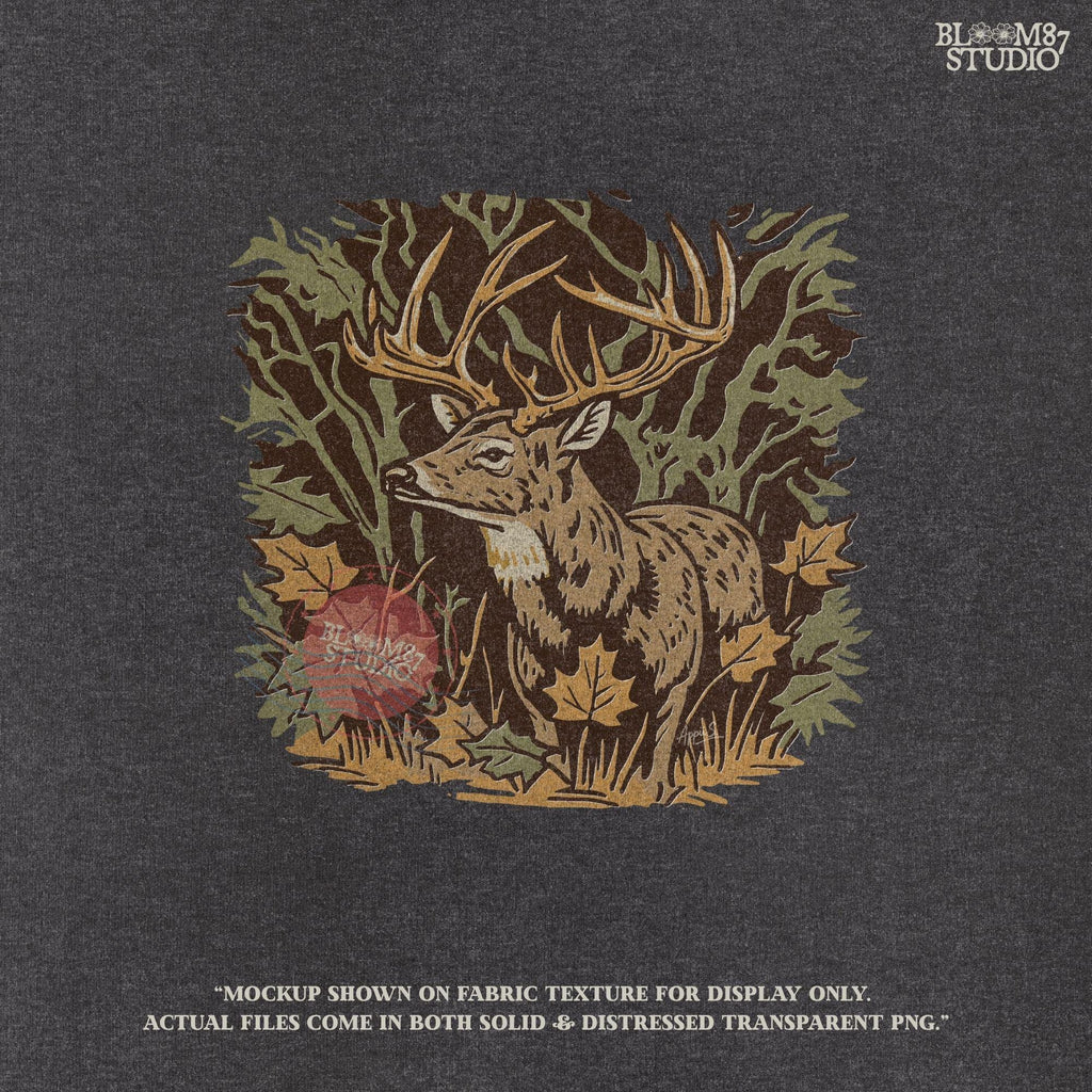 Illustration of a whitetail buck in a fall forest surrounded by autumn leaves, ideal for rustic sublimation or hunting-themed shirt design.