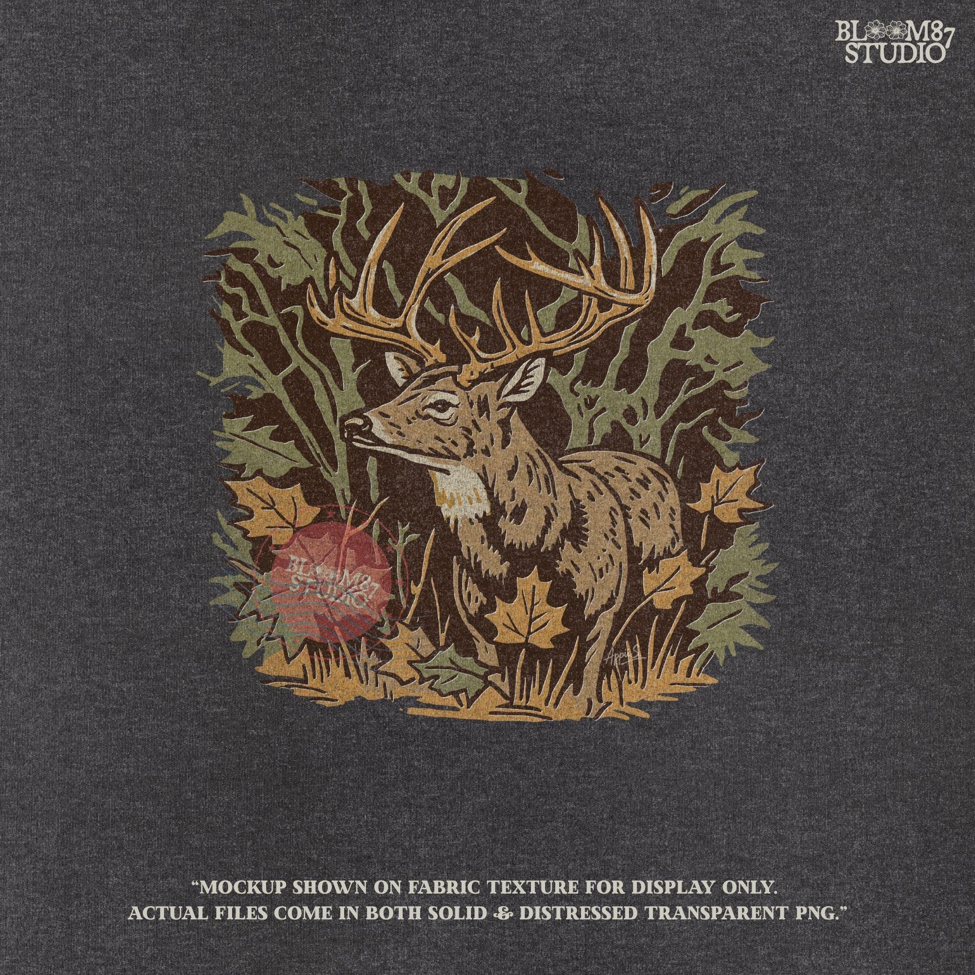 Illustration of a whitetail buck in a fall forest surrounded by autumn leaves, ideal for rustic sublimation or hunting-themed shirt design.