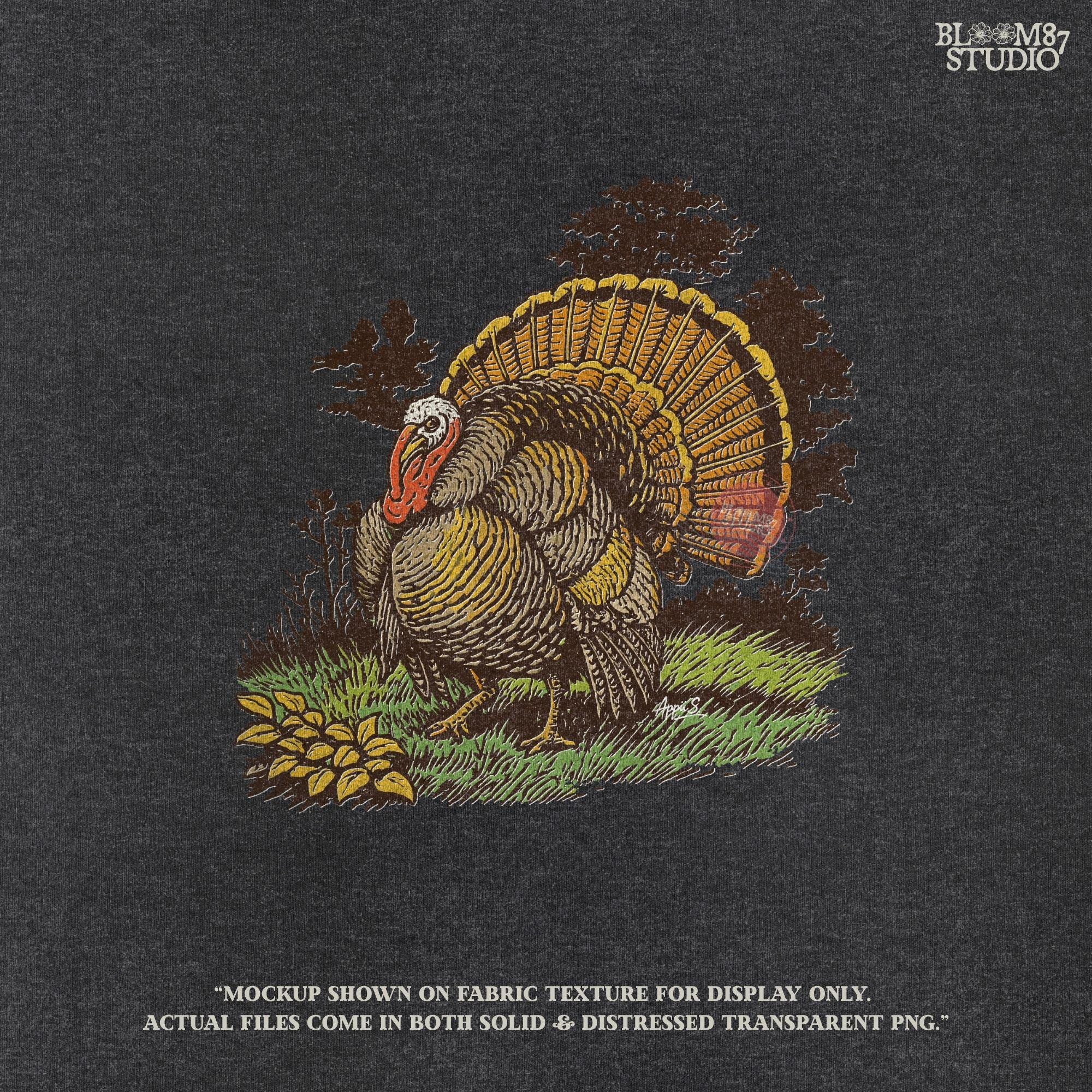 Vintage turkey illustration for Thanksgiving sublimation, featuring a detailed rustic tom turkey in fall colors with grass and leaves.