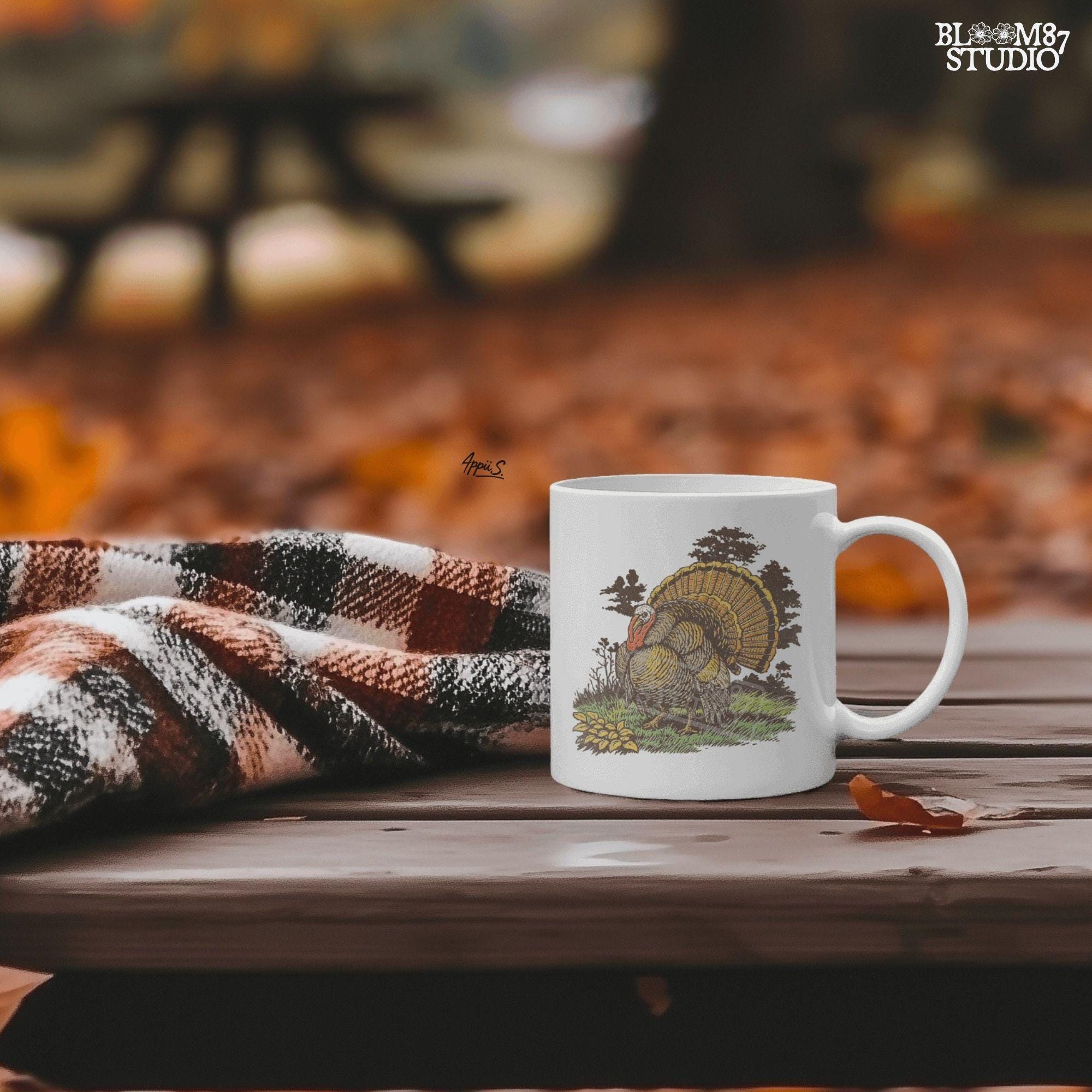 Vintage turkey illustration for Thanksgiving sublimation, featuring a detailed rustic tom turkey in fall colors with grass and leaves.