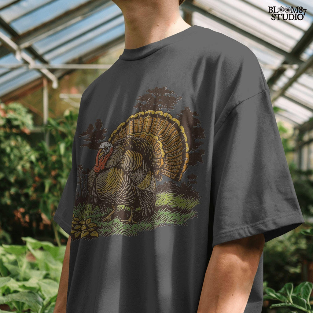 Vintage turkey illustration for Thanksgiving sublimation, featuring a detailed rustic tom turkey in fall colors with grass and leaves.