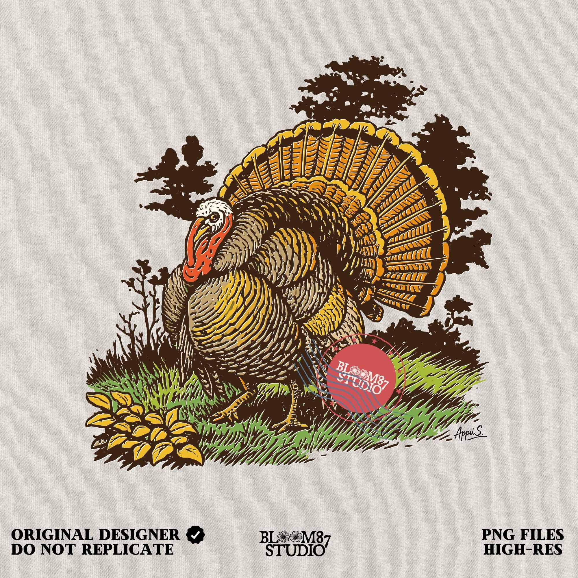 Vintage turkey illustration for Thanksgiving sublimation, featuring a detailed rustic tom turkey in fall colors with grass and leaves.