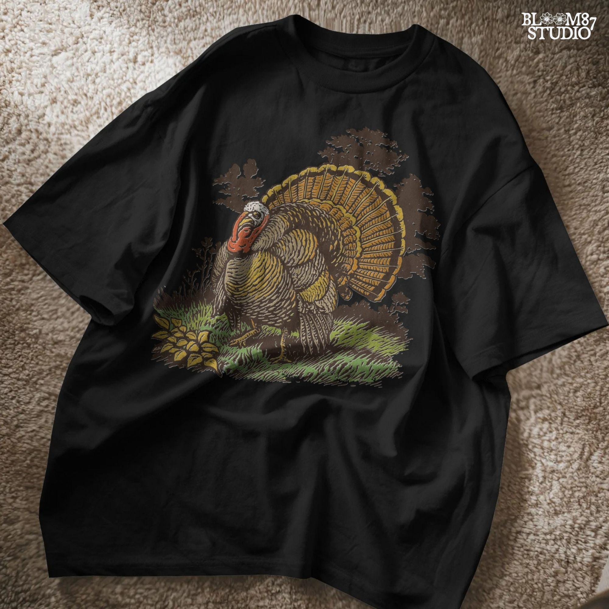 Vintage turkey illustration for Thanksgiving sublimation, featuring a detailed rustic tom turkey in fall colors with grass and leaves.