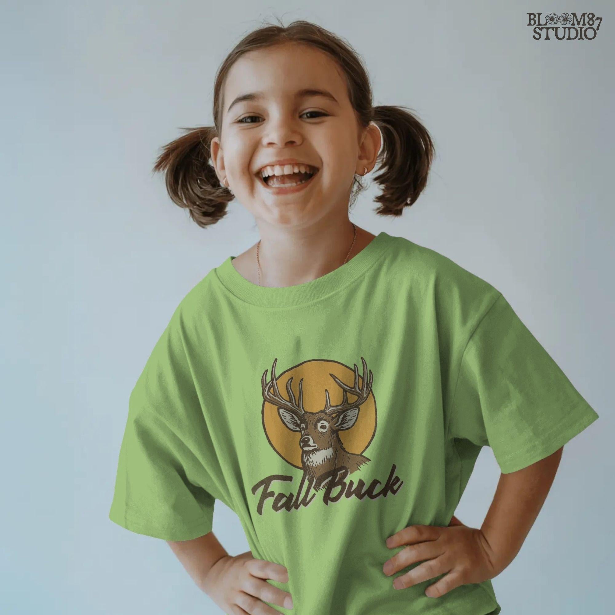 Illustration of a whitetail buck with antlers in front of a fall sun and the text “Fall Buck,” perfect for rustic hunting sublimation designs.