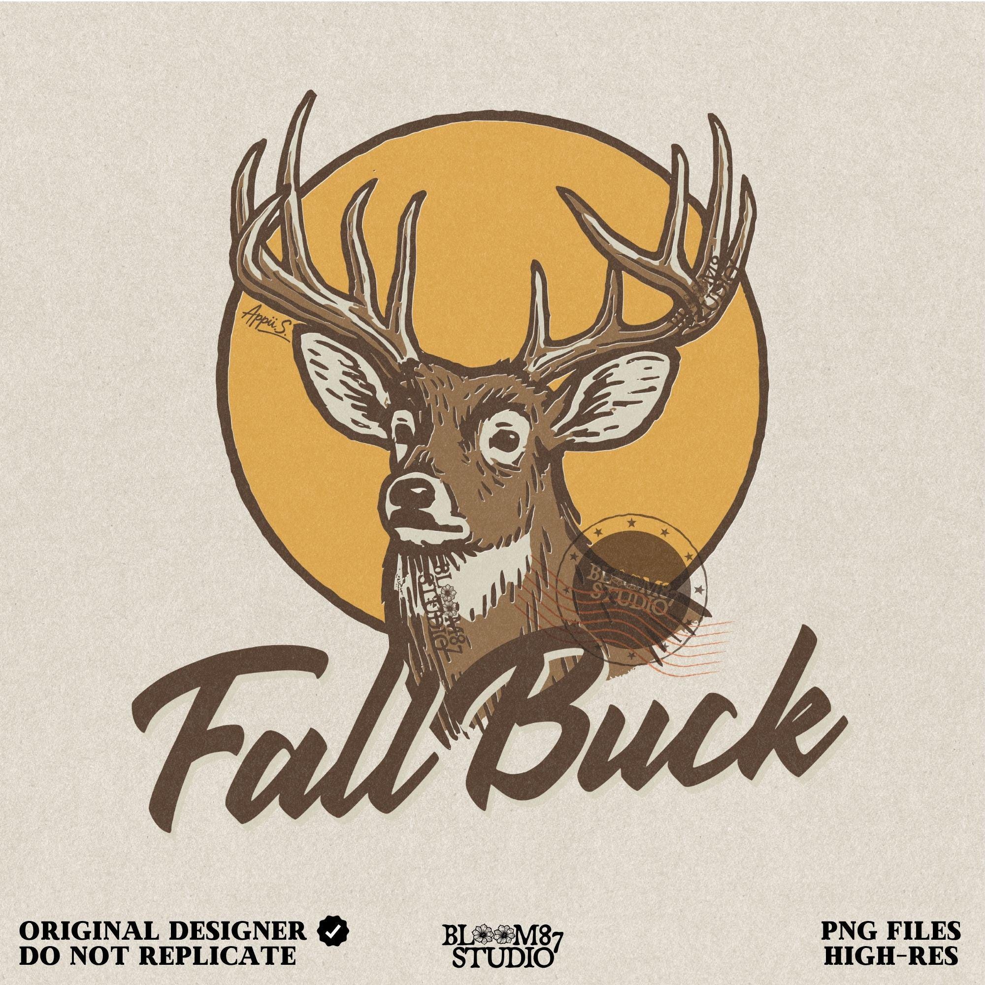 Illustration of a whitetail buck with antlers in front of a fall sun and the text “Fall Buck,” perfect for rustic hunting sublimation designs.