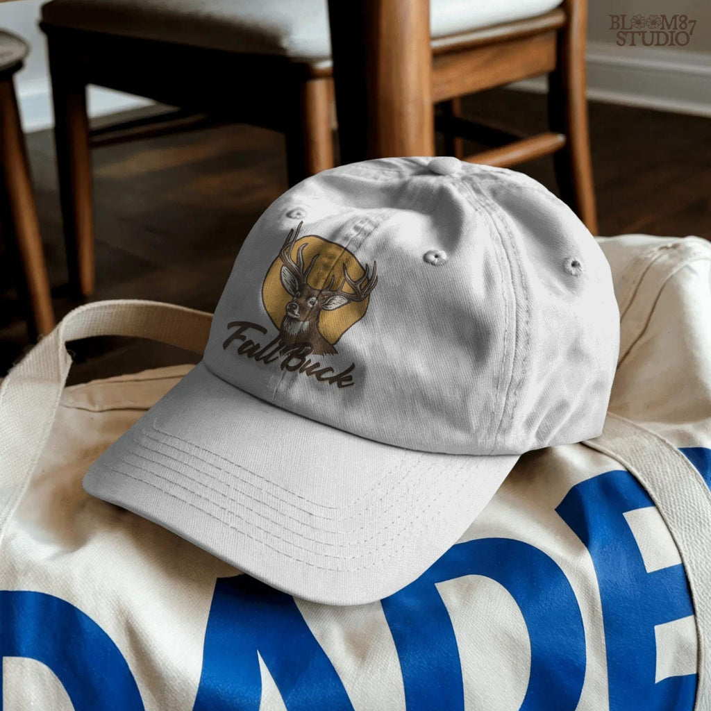 Illustration of a whitetail buck with antlers in front of a fall sun and the text “Fall Buck,” perfect for rustic hunting sublimation designs.