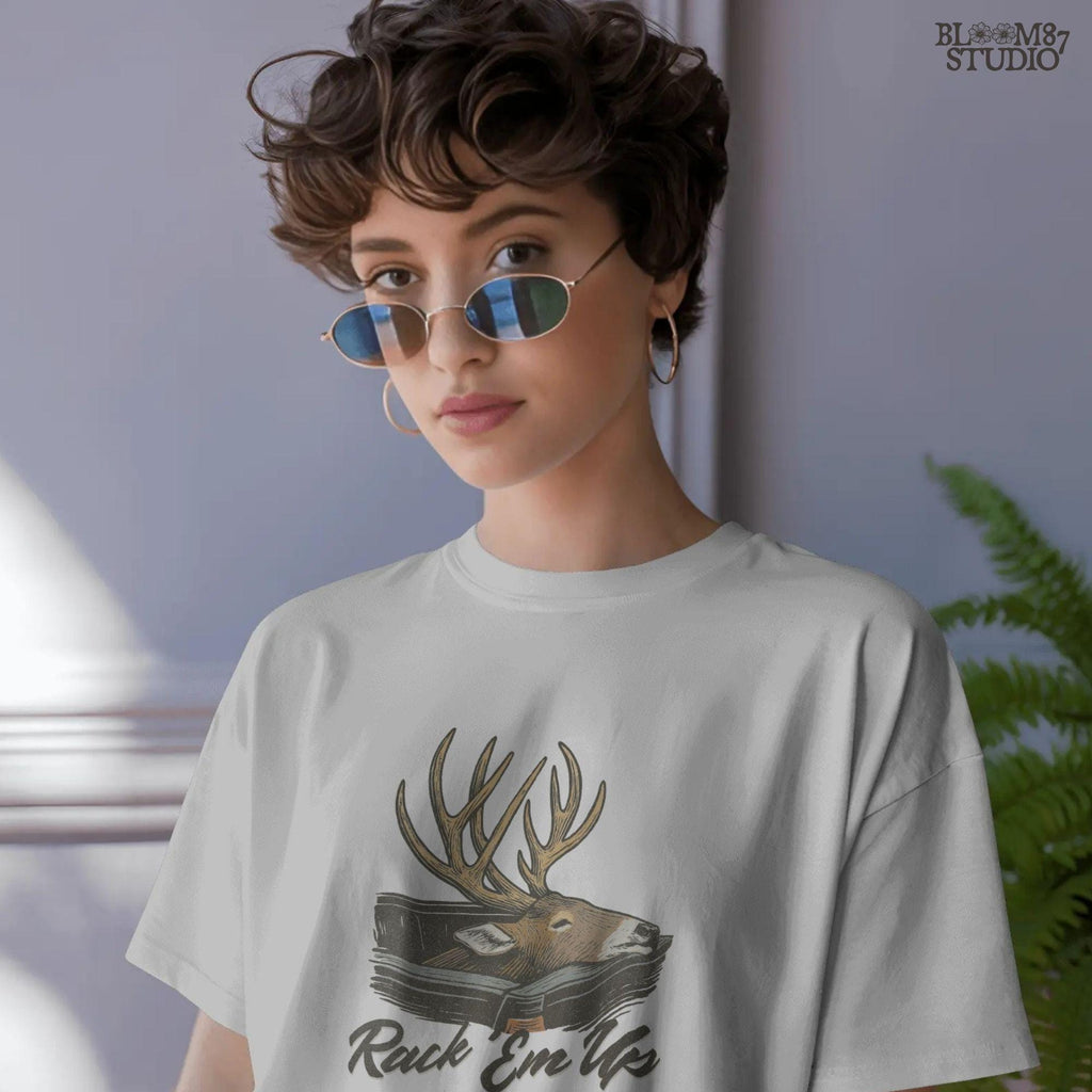 Deer mount PNG with large antlers and the phrase “Rack ’Em Up,” ideal for rustic hunting sublimation and fall country shirt designs.