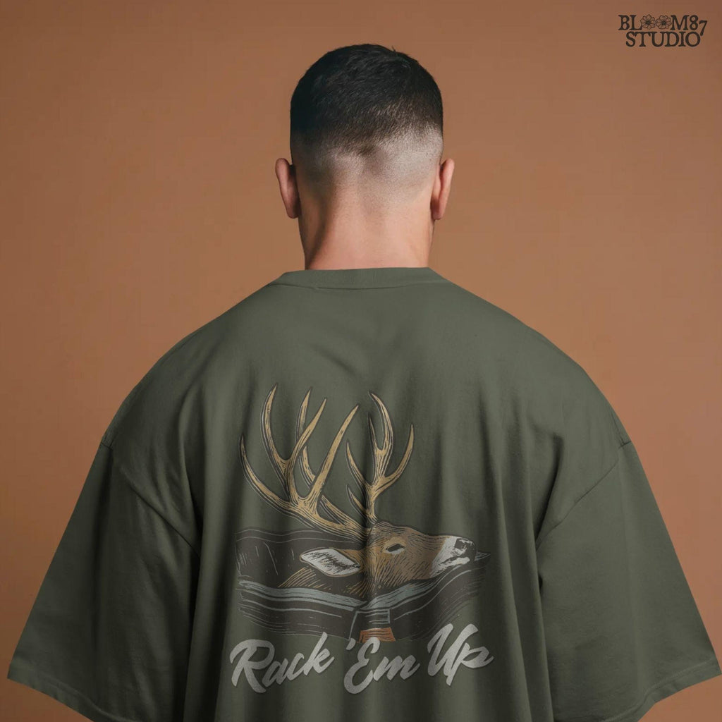 Deer mount PNG with large antlers and the phrase “Rack ’Em Up,” ideal for rustic hunting sublimation and fall country shirt designs.