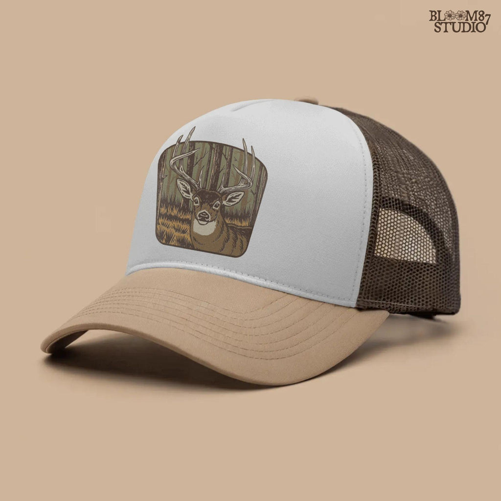 Illustration of a large whitetail buck with full antlers standing in a golden woodland forest, designed for hunting-themed sublimation projects.