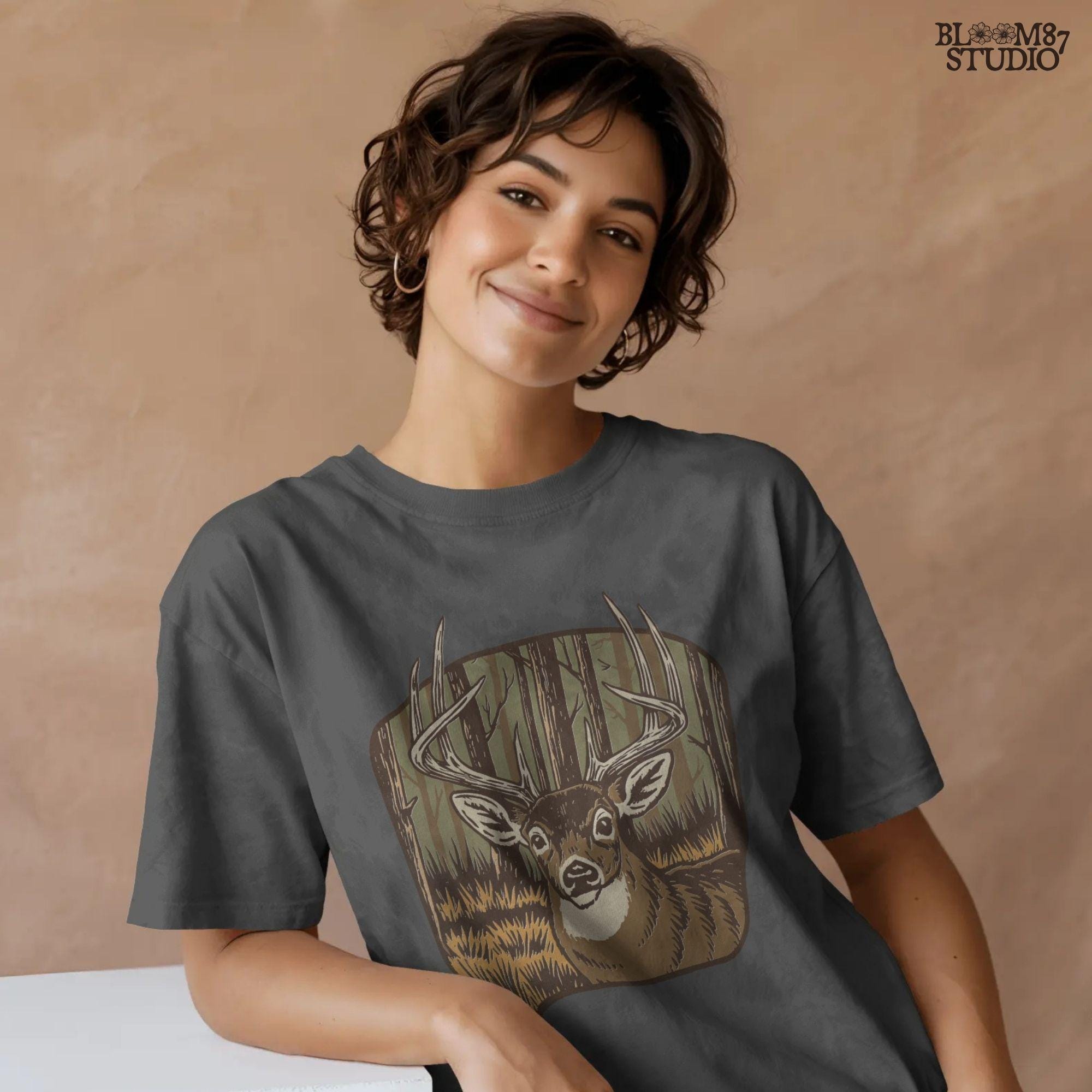 Illustration of a large whitetail buck with full antlers standing in a golden woodland forest, designed for hunting-themed sublimation projects.