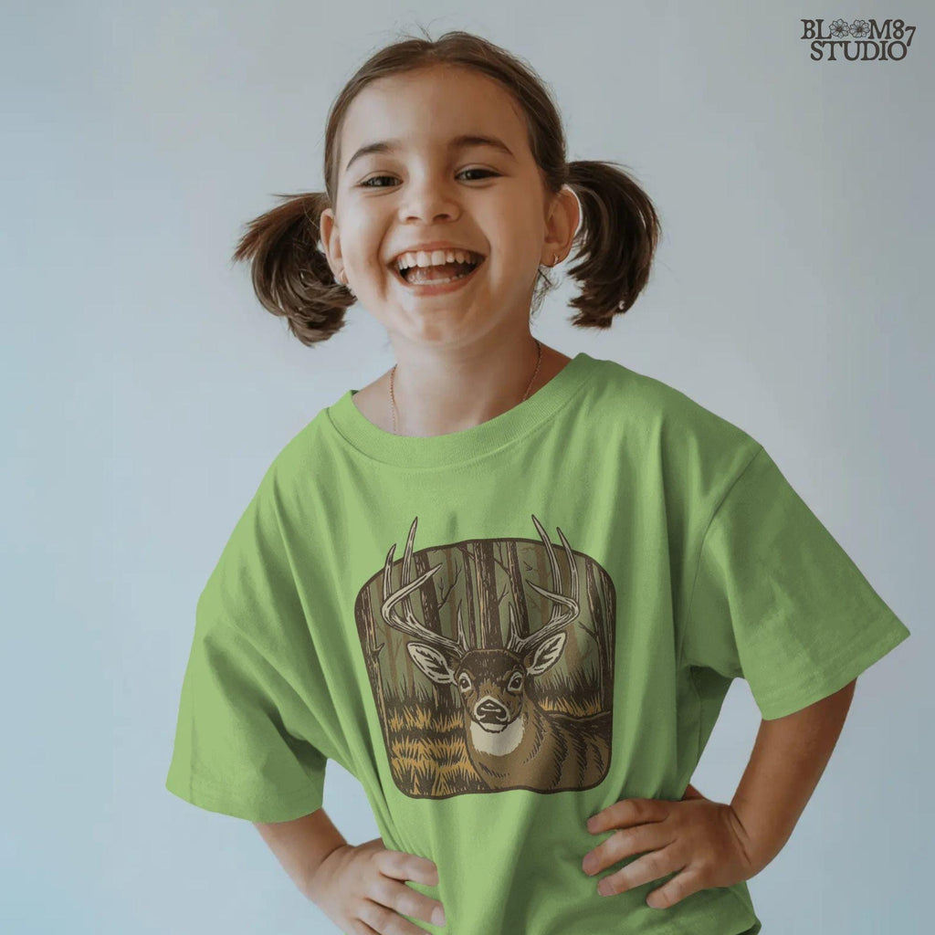 Illustration of a large whitetail buck with full antlers standing in a golden woodland forest, designed for hunting-themed sublimation projects.