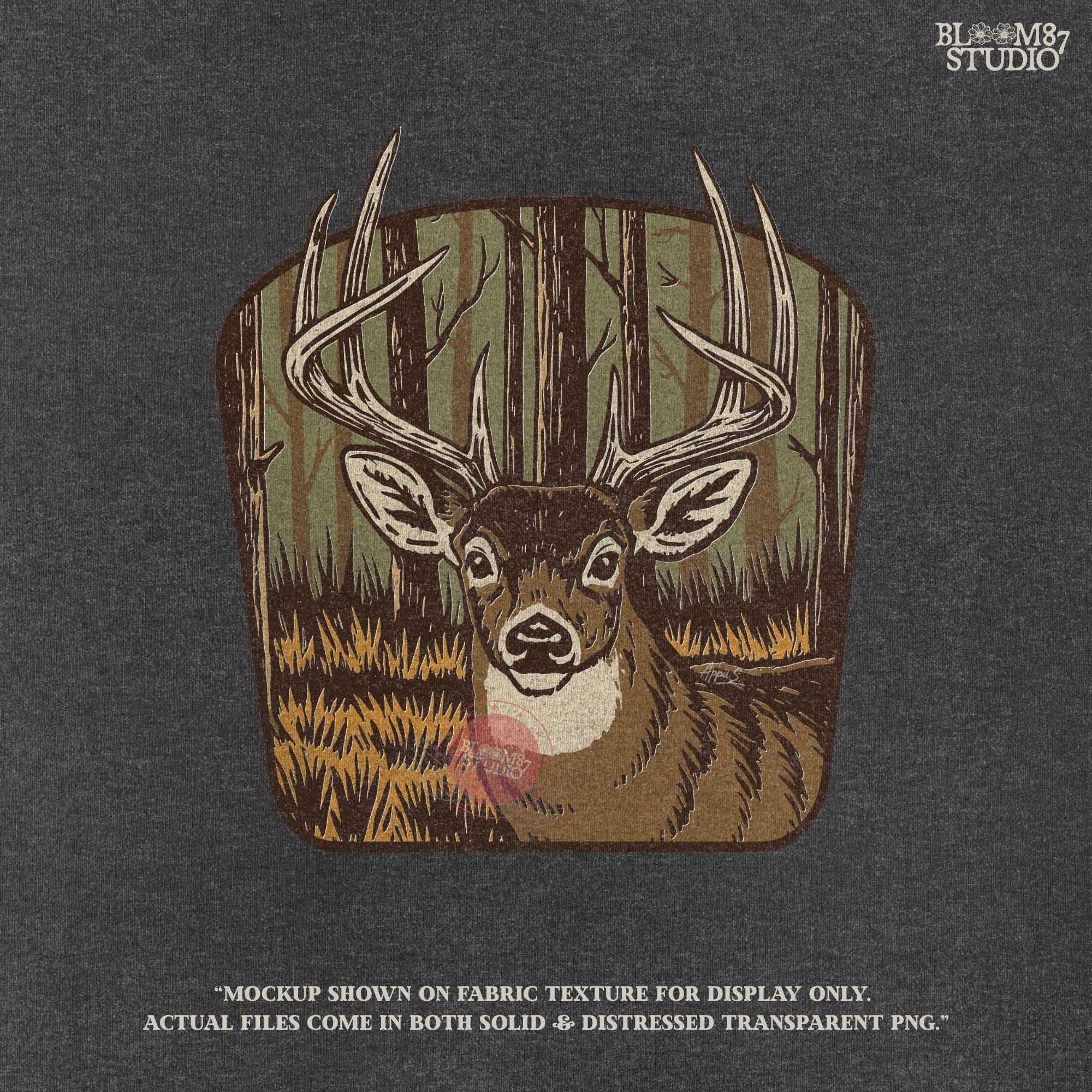 Illustration of a large whitetail buck with full antlers standing in a golden woodland forest, designed for hunting-themed sublimation projects.