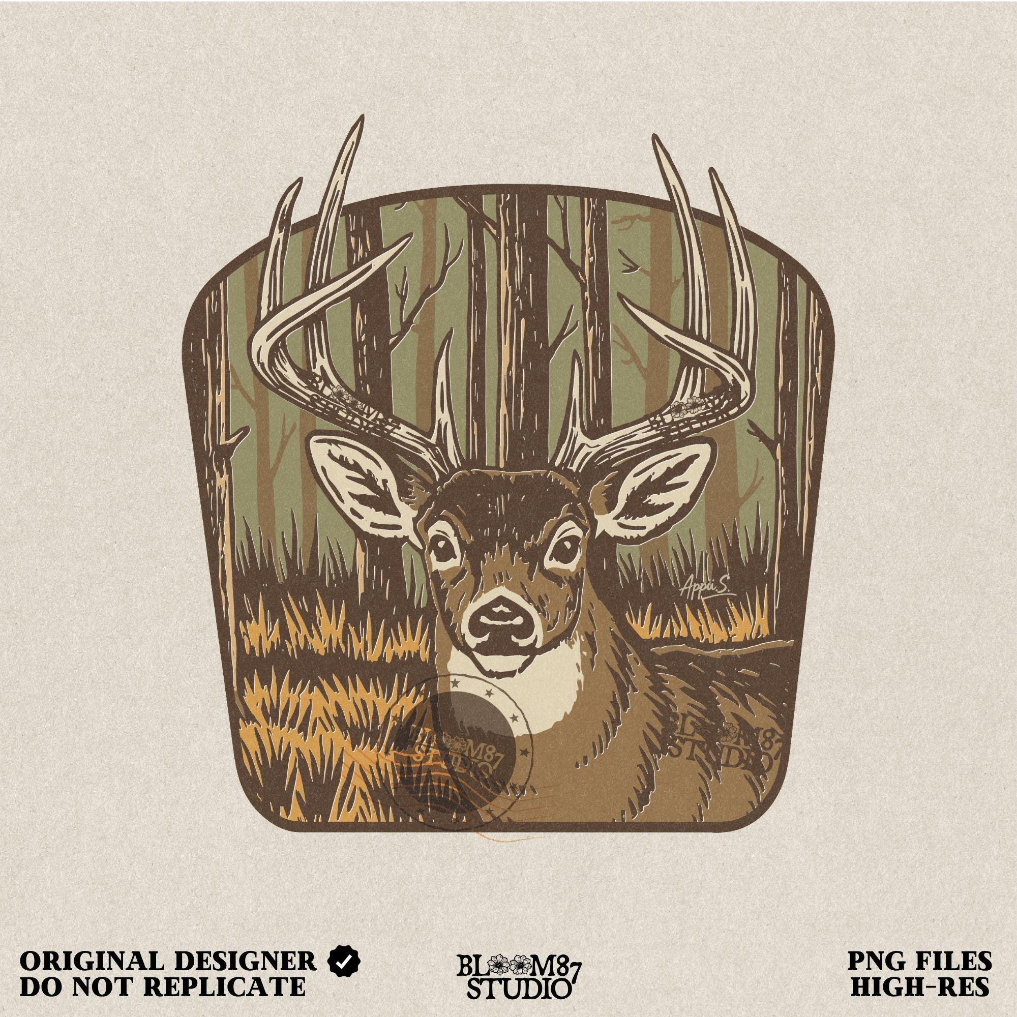 Illustration of a large whitetail buck with full antlers standing in a golden woodland forest, designed for hunting-themed sublimation projects.