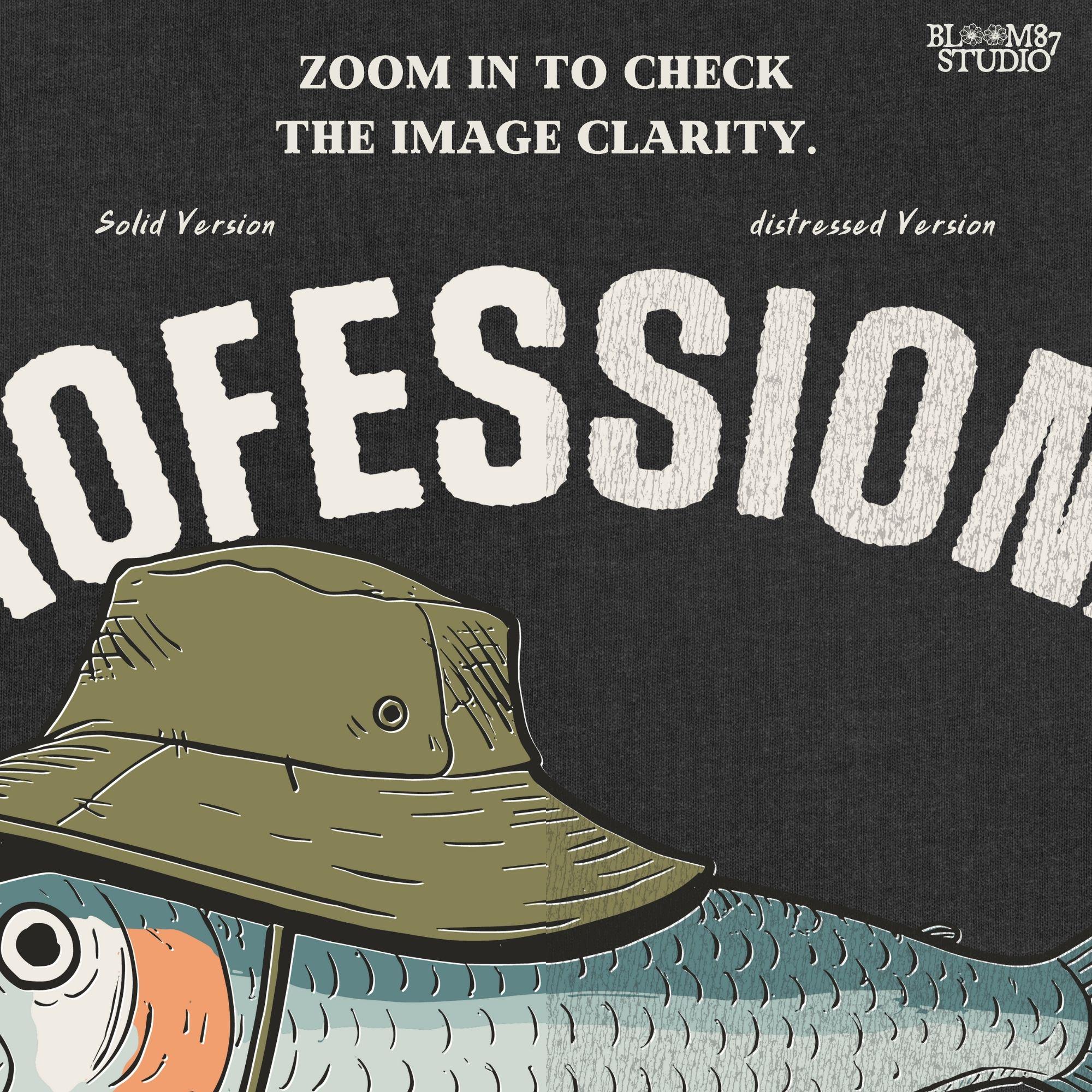 Funny fishing sublimation PNG with a fish wearing a green bucket hat and the words “Professional Master Baiter” in vintage bold font.