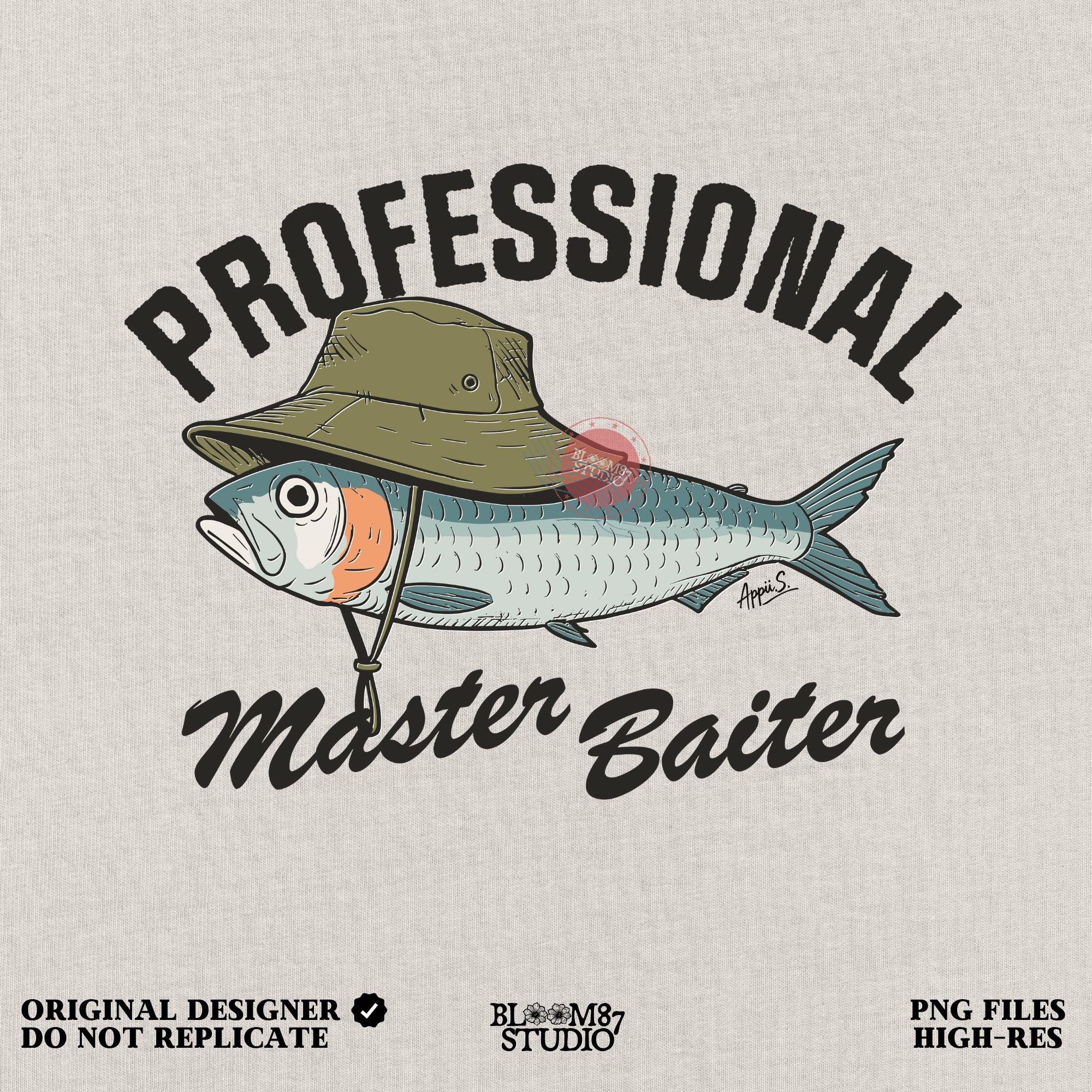Funny fishing sublimation PNG with a fish wearing a green bucket hat and the words “Professional Master Baiter” in vintage bold font.
