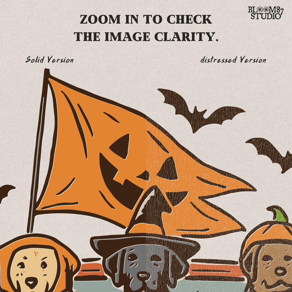 Halloween PNG of three dogs in Halloween costumes riding in a vintage truck with pumpkin flags and bats flying in the background.