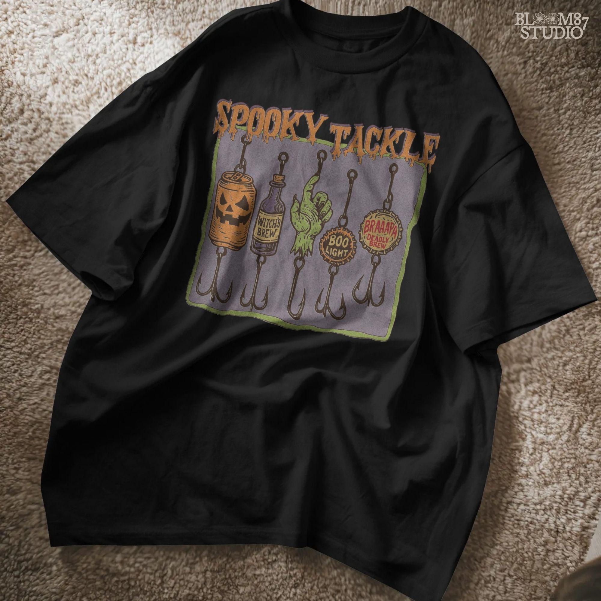 Halloween-themed PNG design showing five spooky fishing lures: pumpkin beer can, witch’s brew bottle, zombie hand, Boo Light cap, and Deadly Brew cap, hanging on hooks.