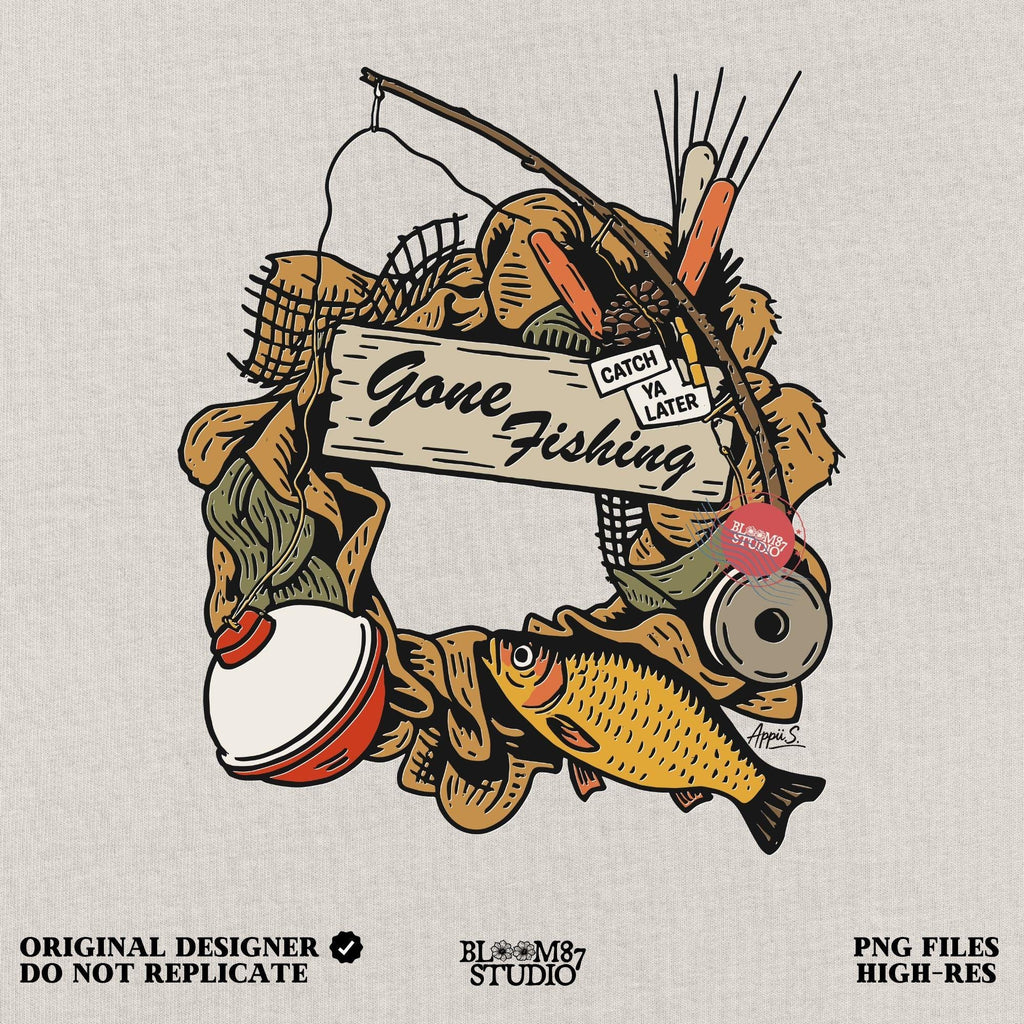 Rustic “Gone Fishing” wreath PNG design featuring bobber, fishing gear, reeds, yellow fish, and a wooden sign, perfect for sublimation on shirts and decor.