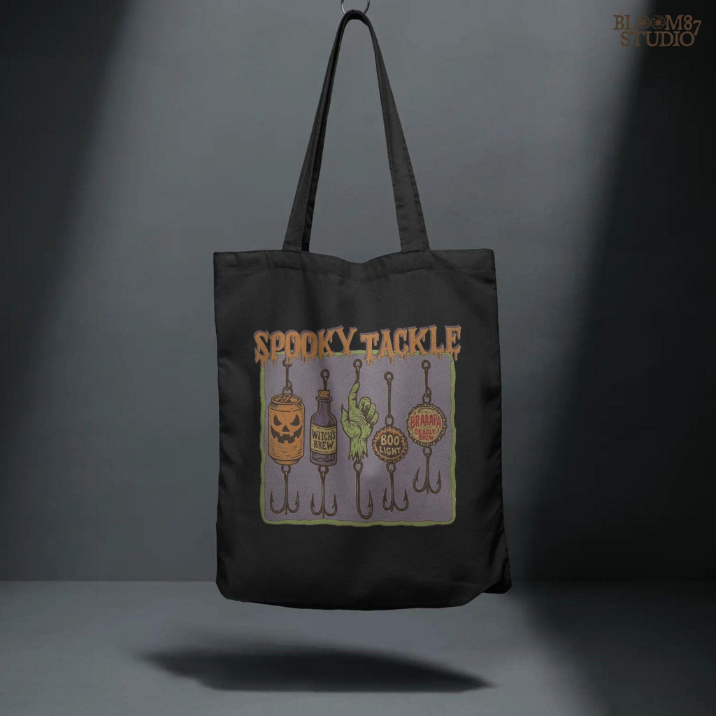 Halloween-themed PNG design showing five spooky fishing lures: pumpkin beer can, witch’s brew bottle, zombie hand, Boo Light cap, and Deadly Brew cap, hanging on hooks.