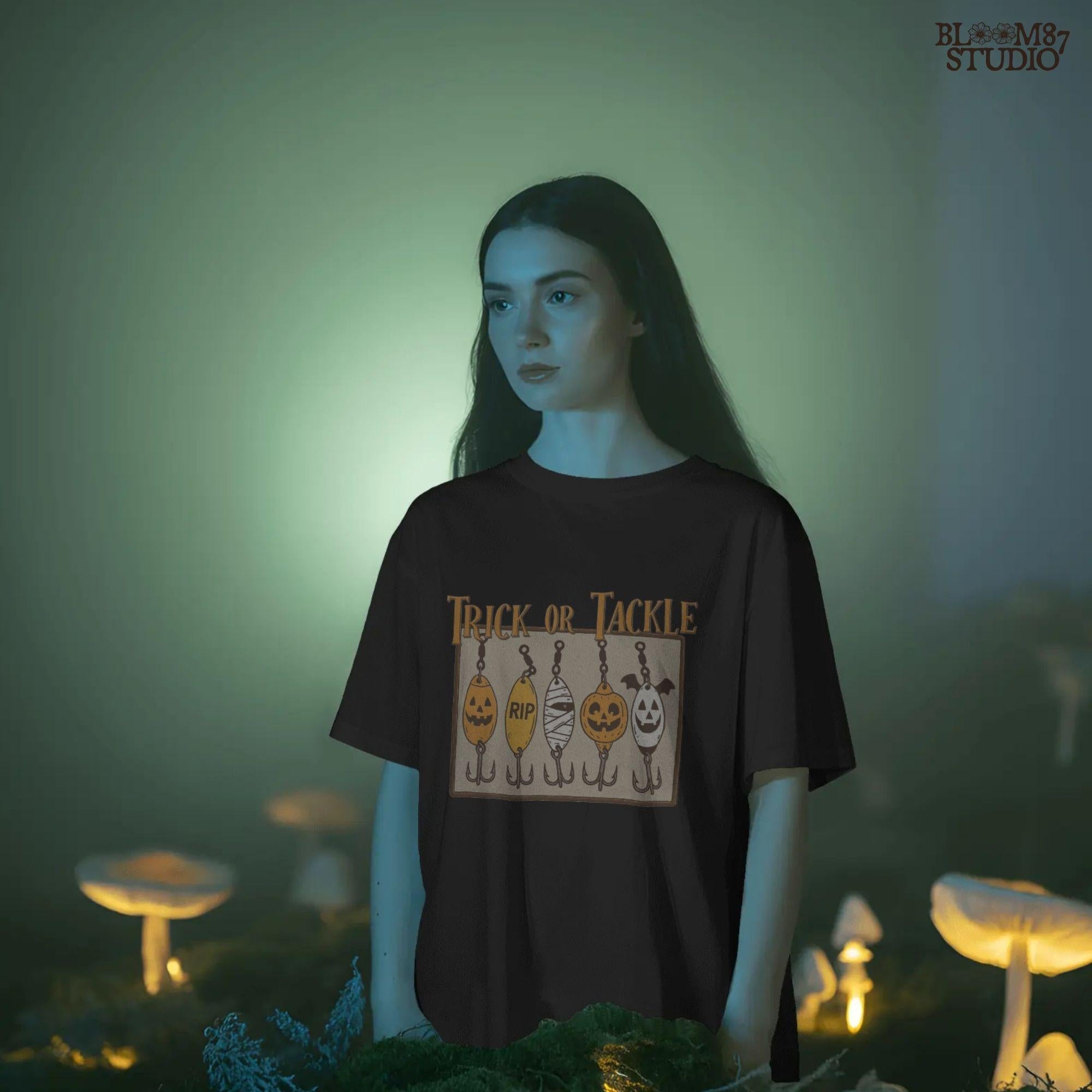 Funny Halloween sublimation PNG with five fishing lures designed as spooky characters: jack-o’-lanterns, tombstone, mummy, ghost, and bat, under “Trick or Tackle” text.