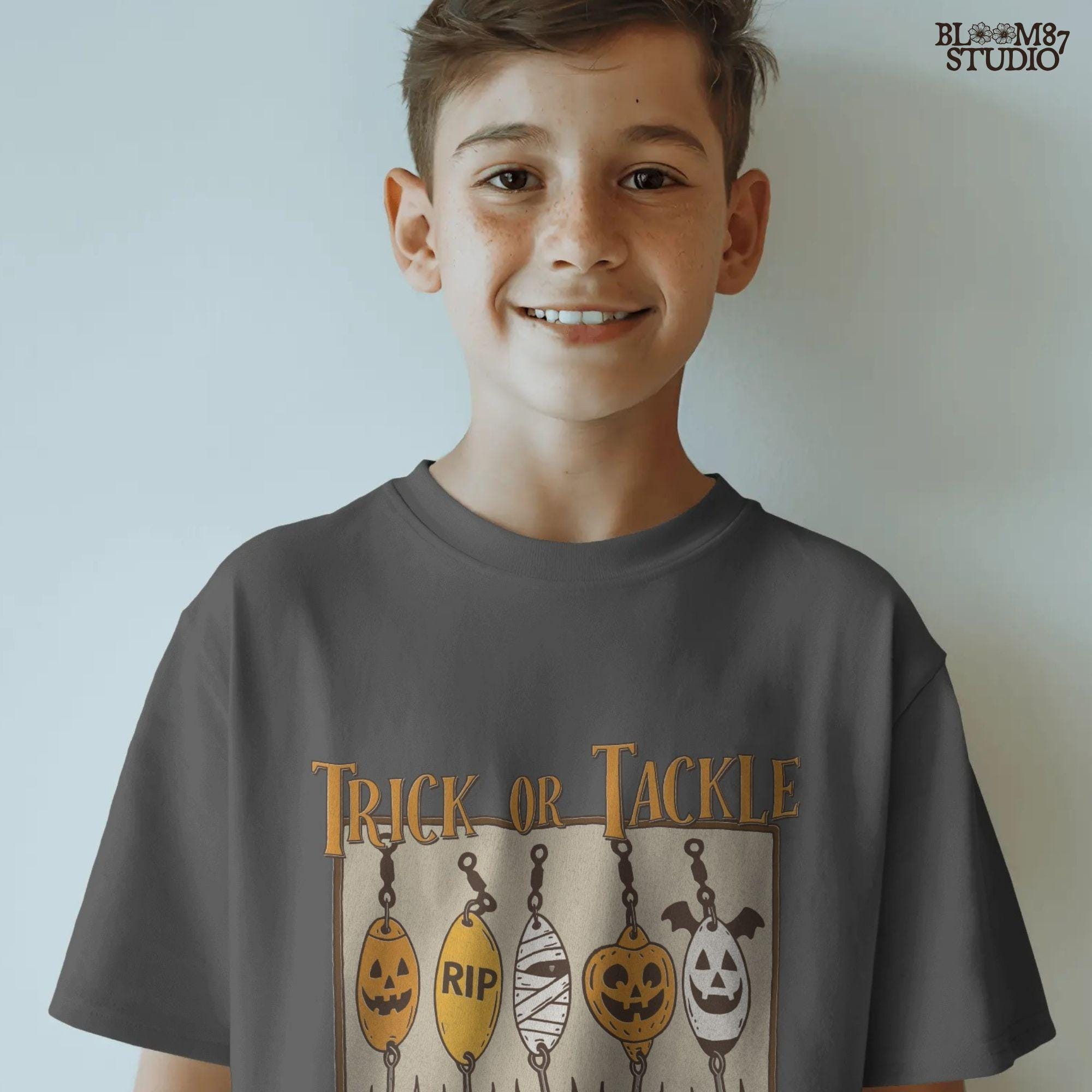 Funny Halloween sublimation PNG with five fishing lures designed as spooky characters: jack-o’-lanterns, tombstone, mummy, ghost, and bat, under “Trick or Tackle” text.