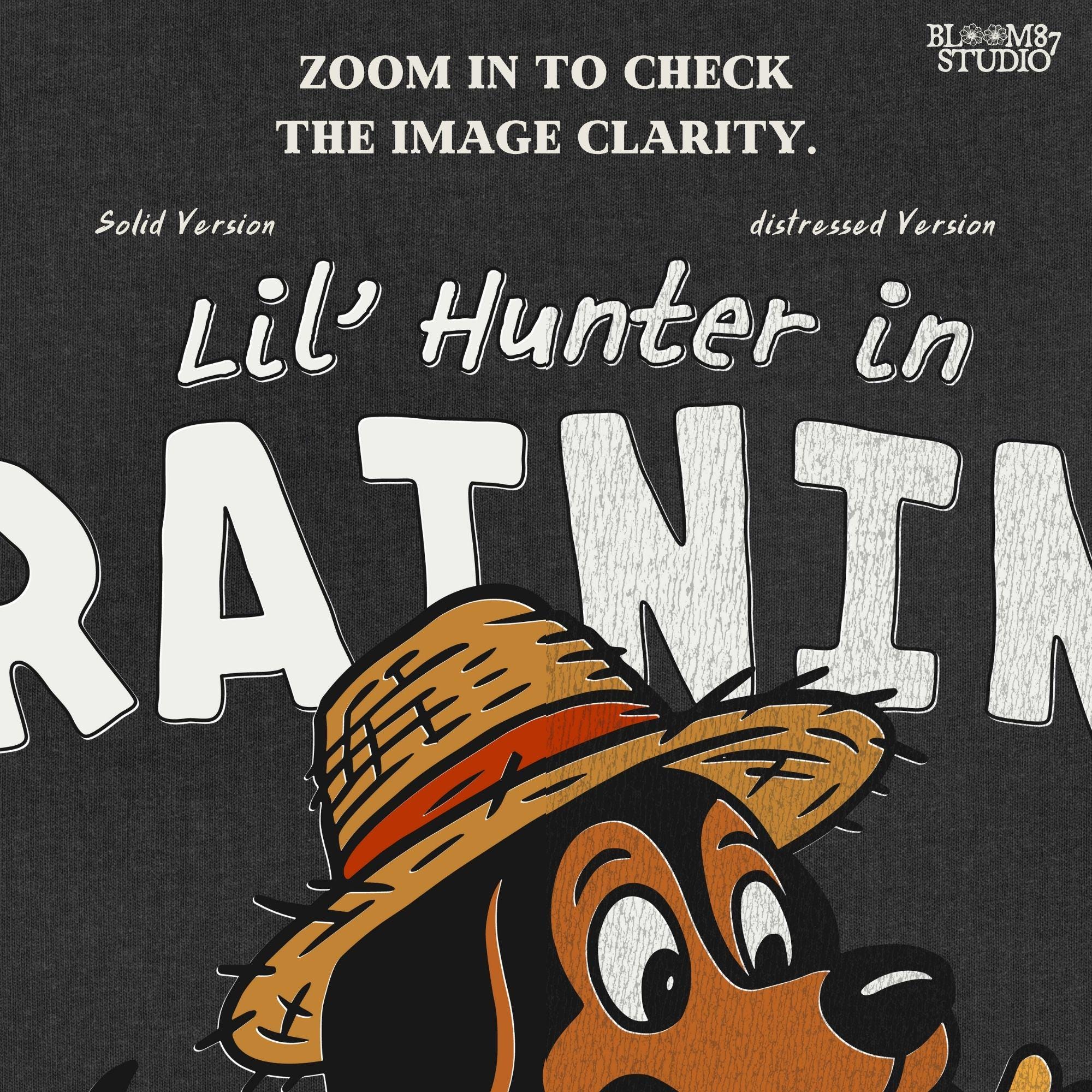 Cartoon hunting dog wearing straw hat and camo shirt holding duck toy in mouth with “Lil’ Hunter in Training” text – cute PNG for kids sublimation.