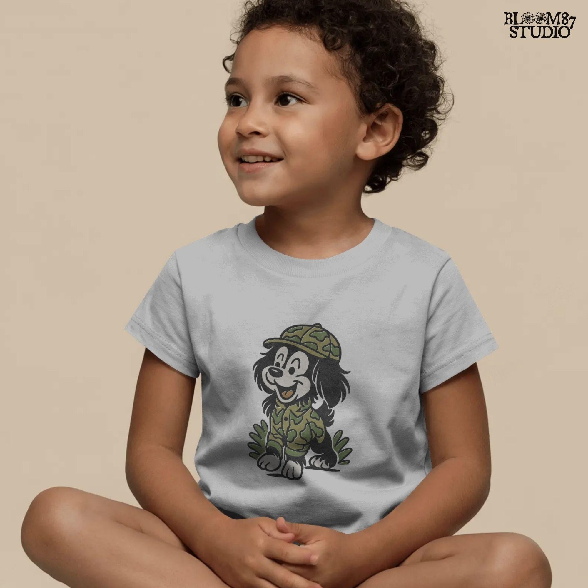Cartoon hunting dog in camo outfit (front design) and back scene with ducks and the same dog with “Duck Duck Woof!” text – cute front and back PNG set for kids.