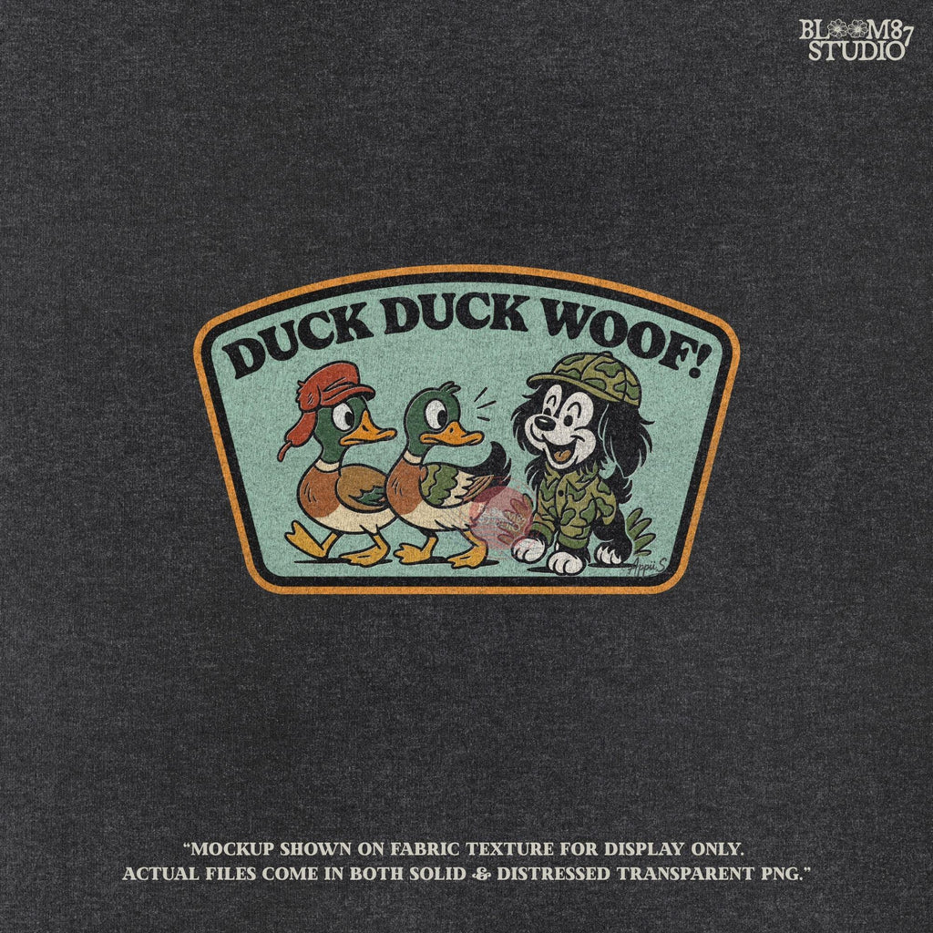 Cartoon hunting dog in camo outfit (front design) and back scene with ducks and the same dog with “Duck Duck Woof!” text – cute front and back PNG set for kids.