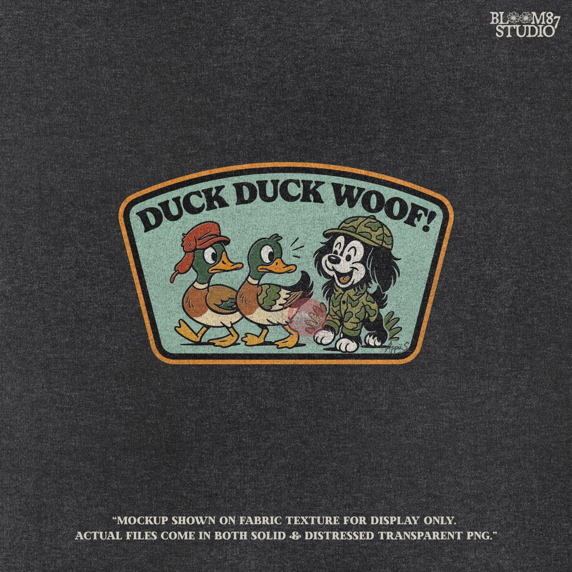 Cartoon hunting dog in camo outfit (front design) and back scene with ducks and the same dog with “Duck Duck Woof!” text – cute front and back PNG set for kids.