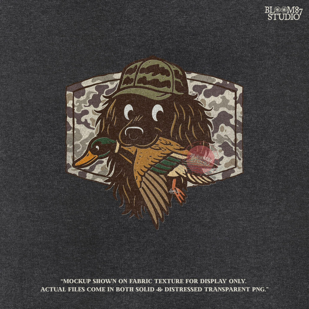 Cute cartoon hunting dog wearing camo hat holding a duck in its mouth with a camo background – sublimation PNG for boys or fall kids apparel design.