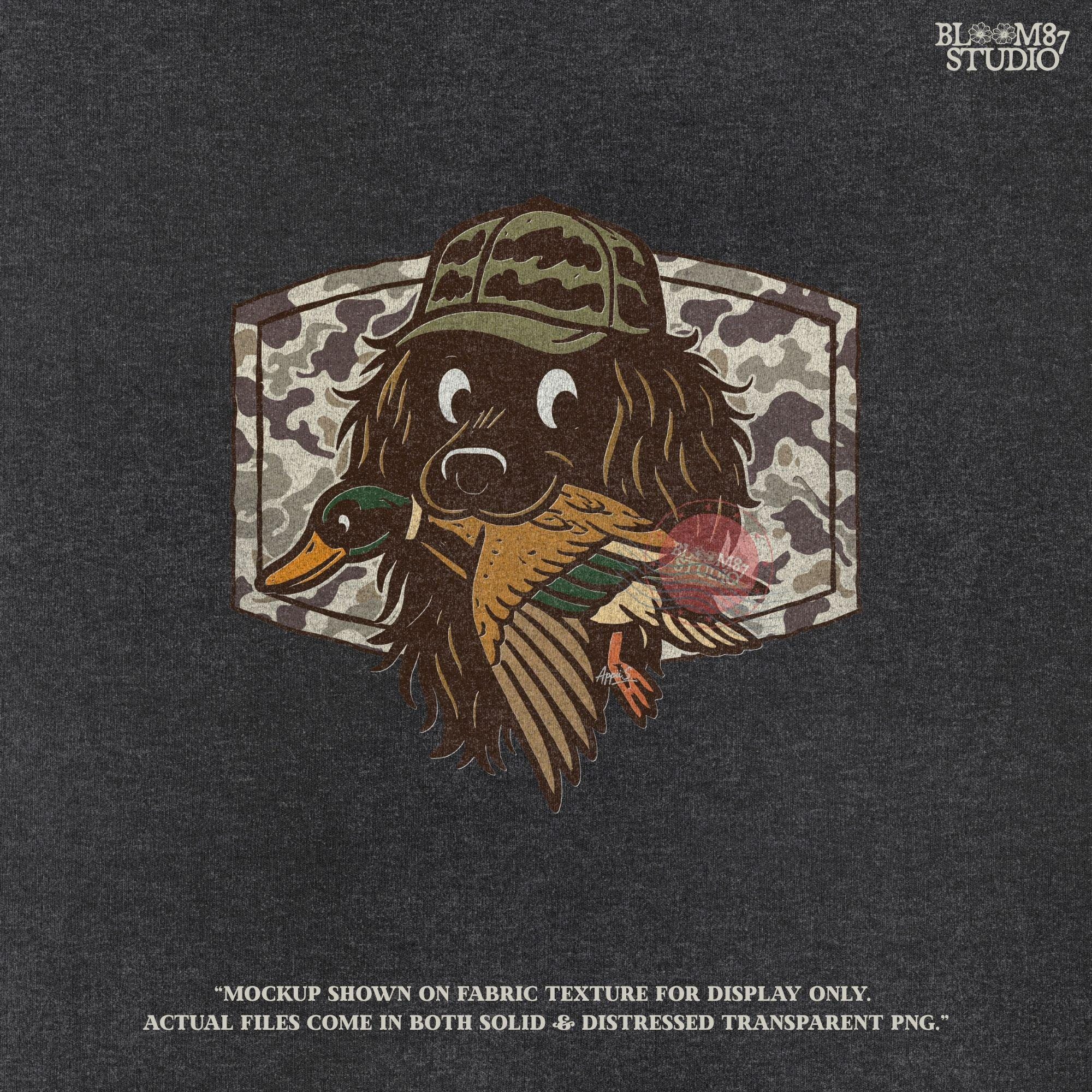 Cute cartoon hunting dog wearing camo hat holding a duck in its mouth with a camo background – sublimation PNG for boys or fall kids apparel design.