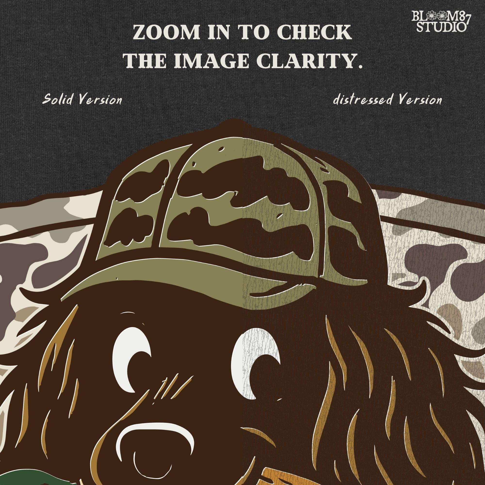 Cute cartoon hunting dog wearing camo hat holding a duck in its mouth with a camo background – sublimation PNG for boys or fall kids apparel design.