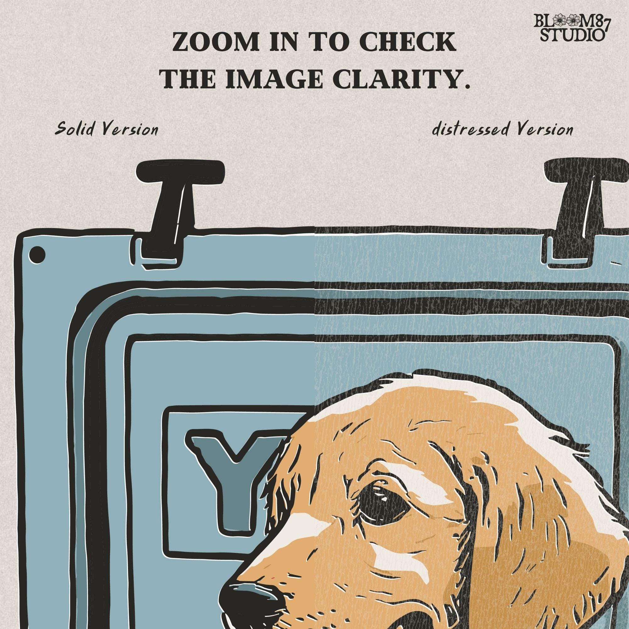 Illustration of a golden retriever puppy sitting inside a YETI cooler covered in stickers, designed for sublimation and lake life dog dad gifts.