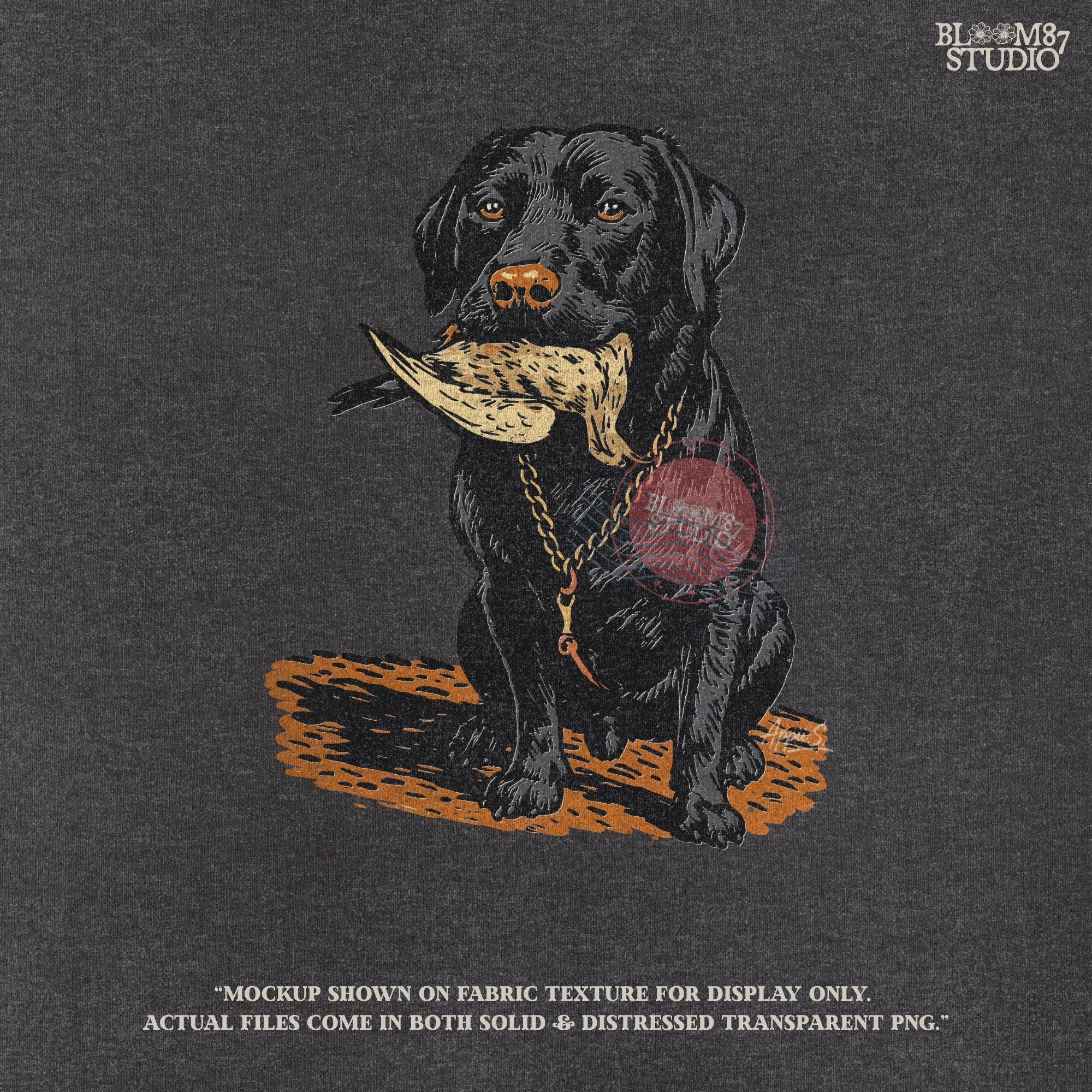 Black Labrador retriever sitting with a dove in its mouth, illustrated for dove hunting sublimation projects and bird dog gift designs.