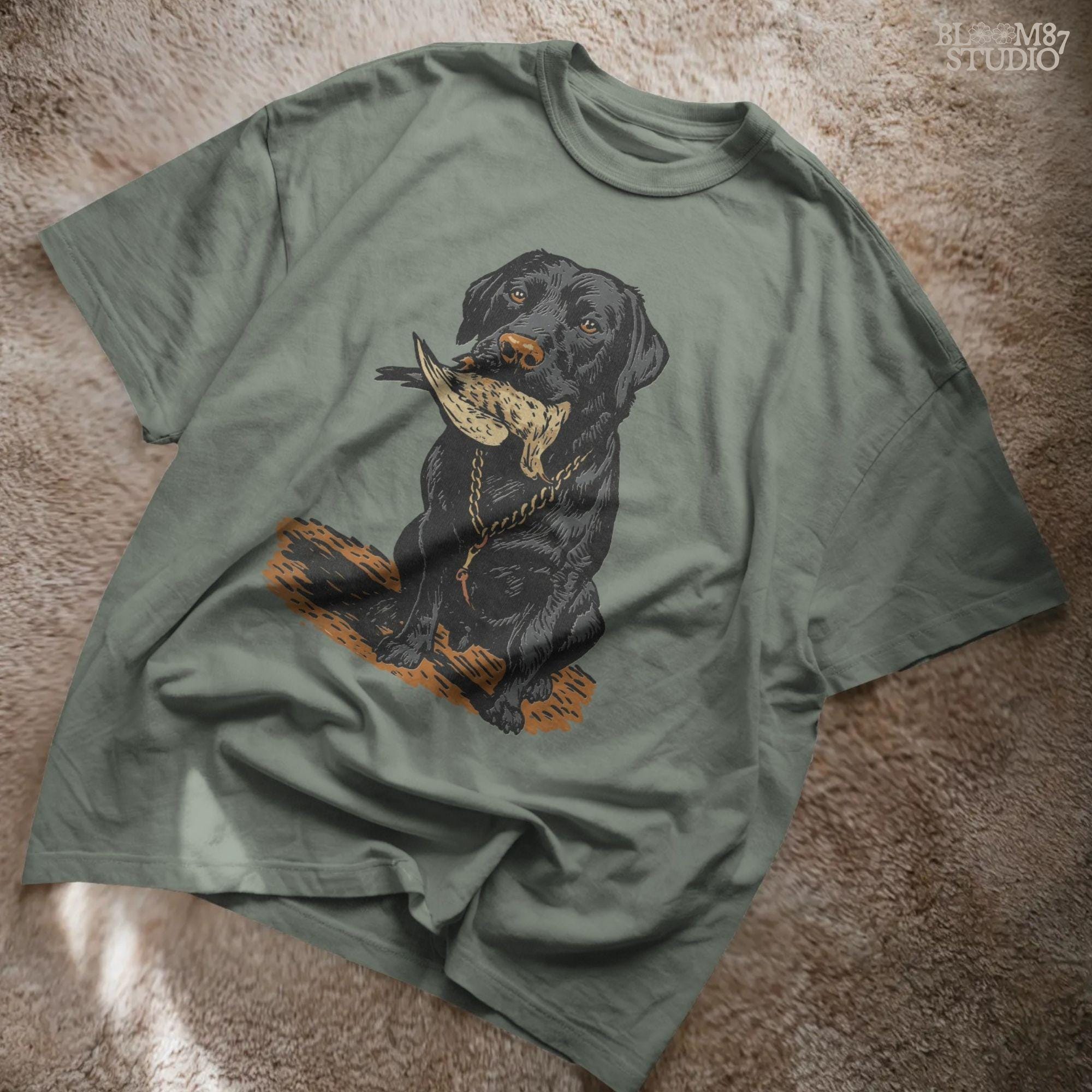 Black Labrador retriever sitting with a dove in its mouth, illustrated for dove hunting sublimation projects and bird dog gift designs.
