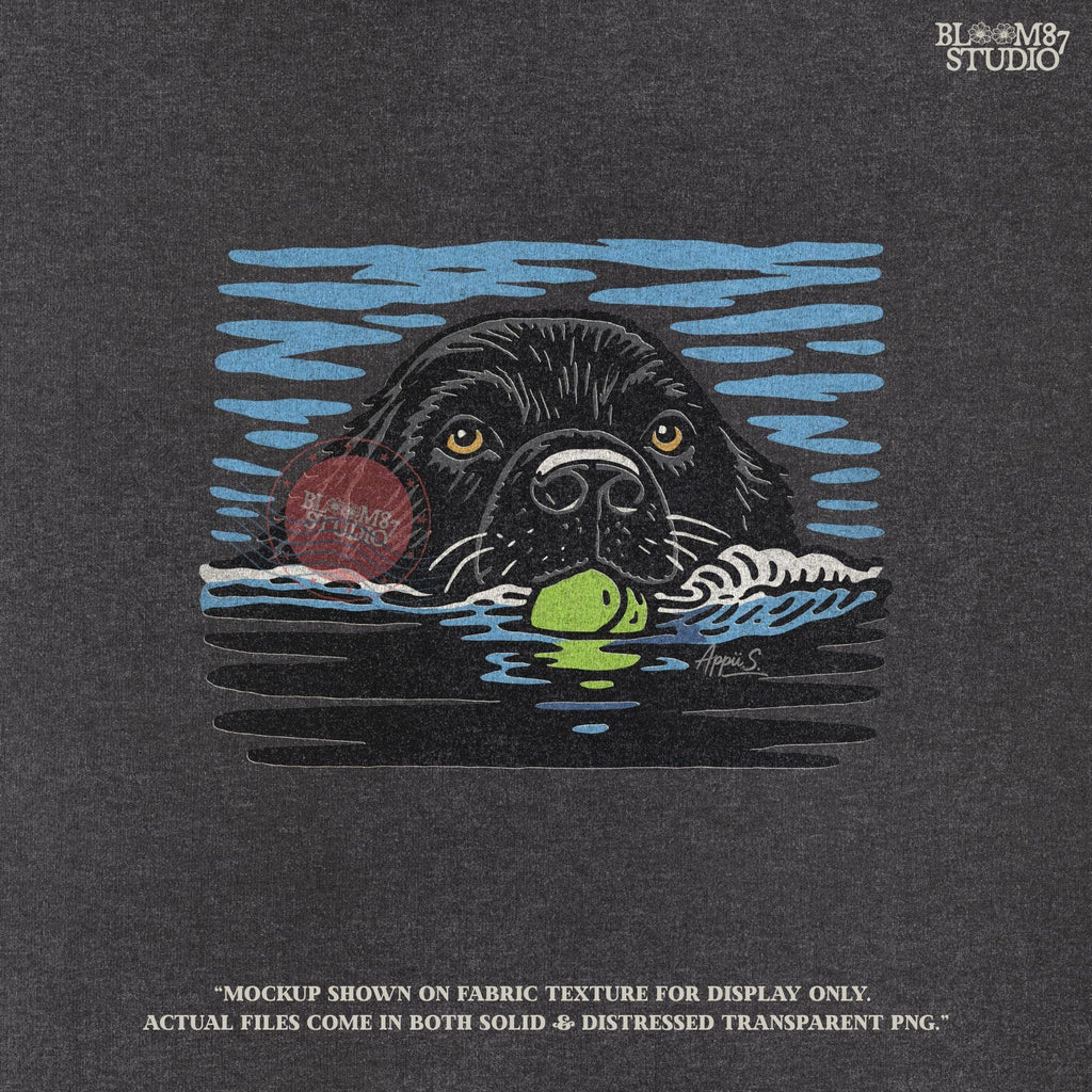 Black Labrador retriever swimming in water while holding a green tennis ball, drawn in vintage style for sublimation and dog lover projects.