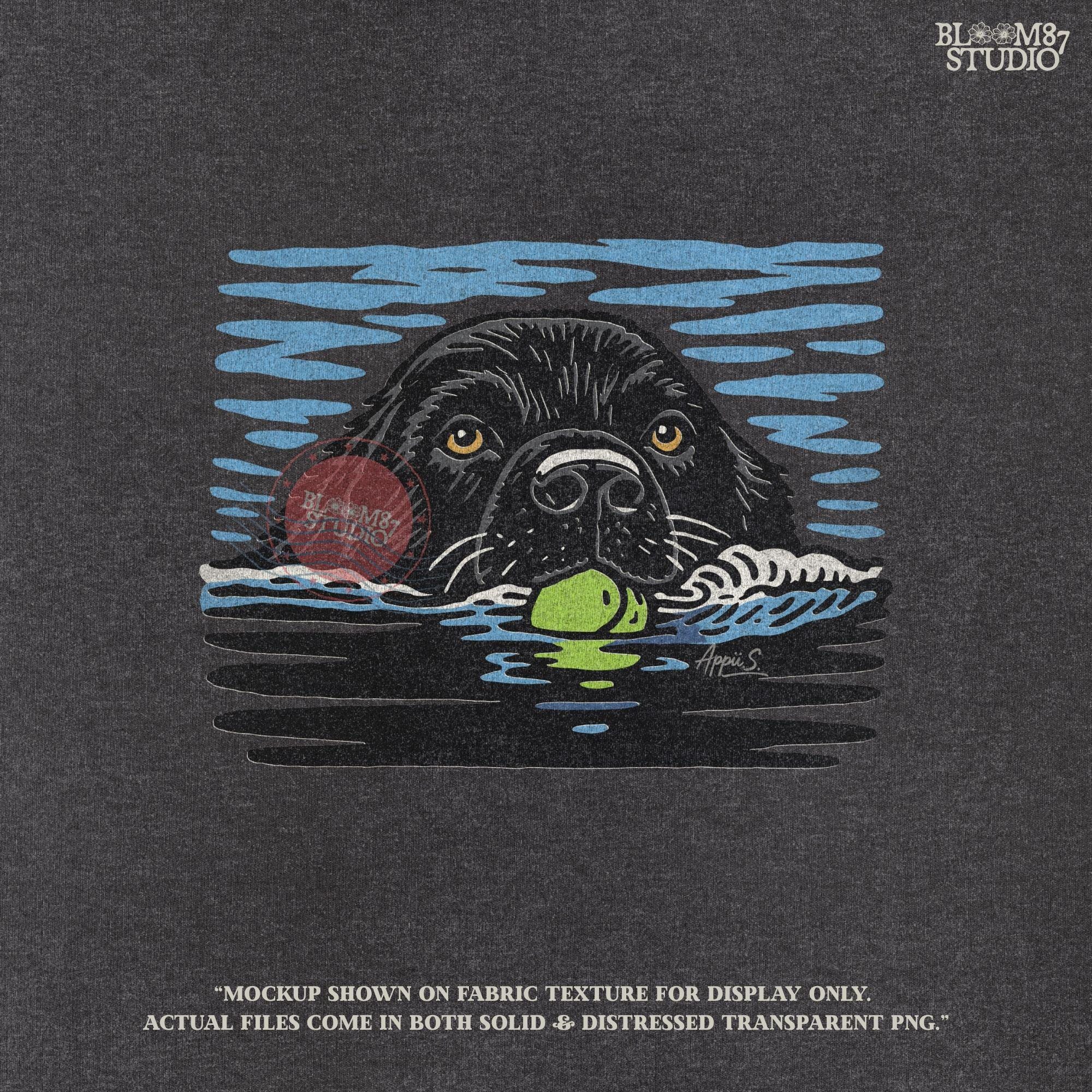 Black Labrador retriever swimming in water while holding a green tennis ball, drawn in vintage style for sublimation and dog lover projects.